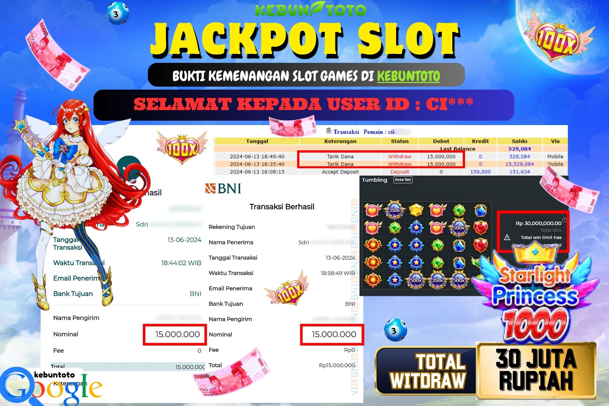 KEBUNTOTO JACKPOT SLOT STARLIGHT PRINCESS 1000 Rp.30.000.000,- LUNAS