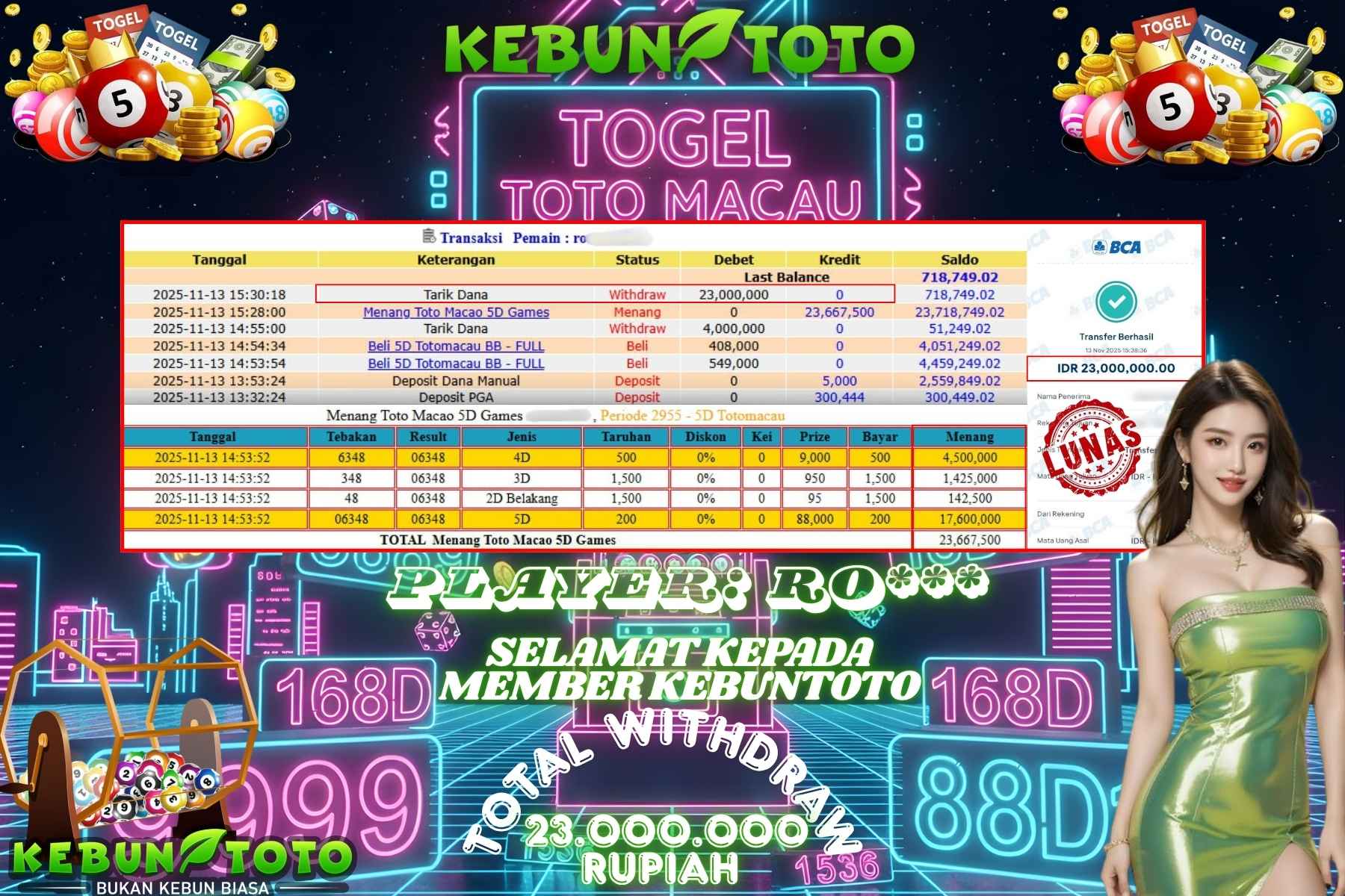 Bukti Kemenangan Rp 23.000.000 TOGEL TOTO MACAU di KEBUNTOTO!