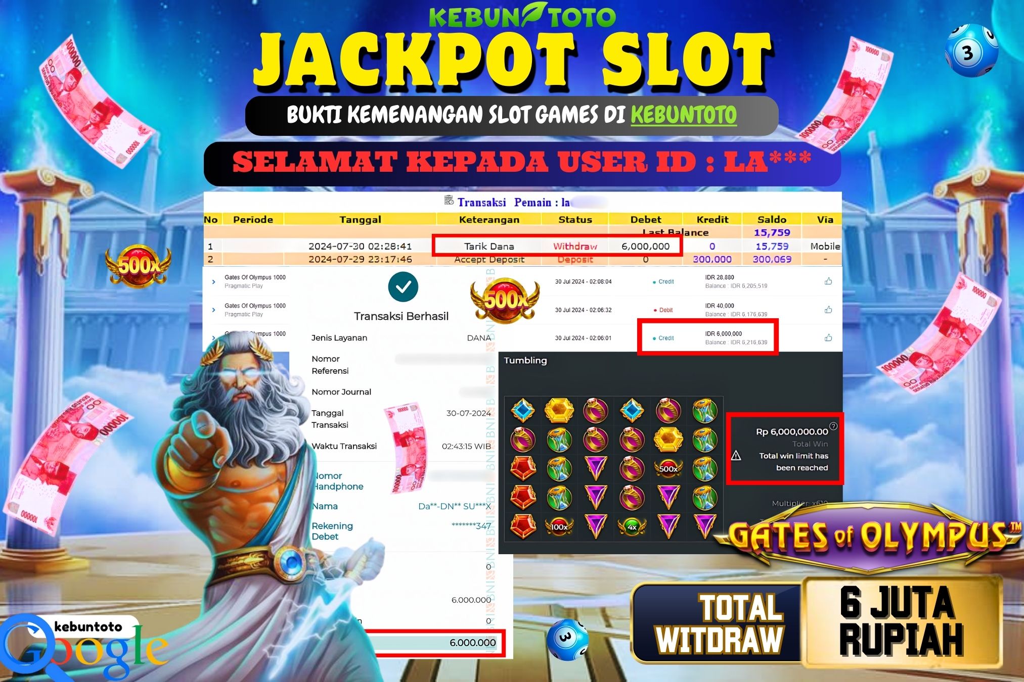 KEBUNTOTO JACKPOT SLOT GATES OF OLYMPUS 1000 Rp.6.000.000,- LUNAS