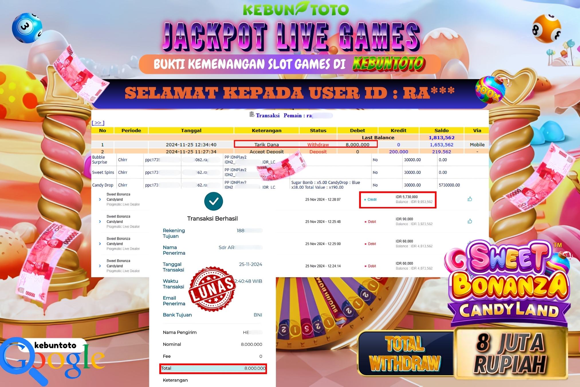 KEBUNTOTO JACKPOT LIVE GAMES SWEET BONANZA CANDYLAND Rp.8.000.000,- LUNAS