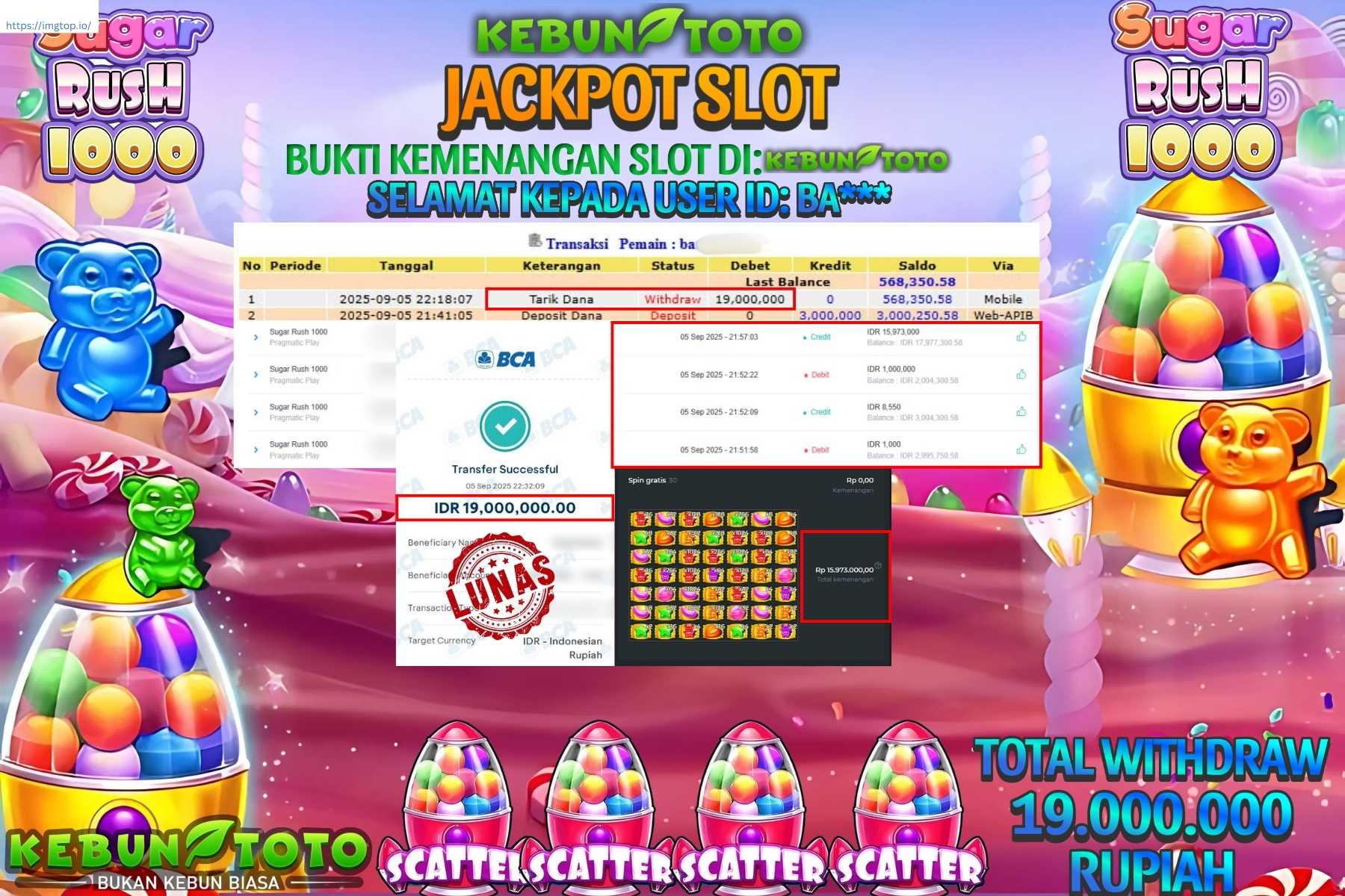 Bukti Kemenangan Rp 19.000.000 SLOT SUGAR RUSH 1000 di KEBUNTOTO!
