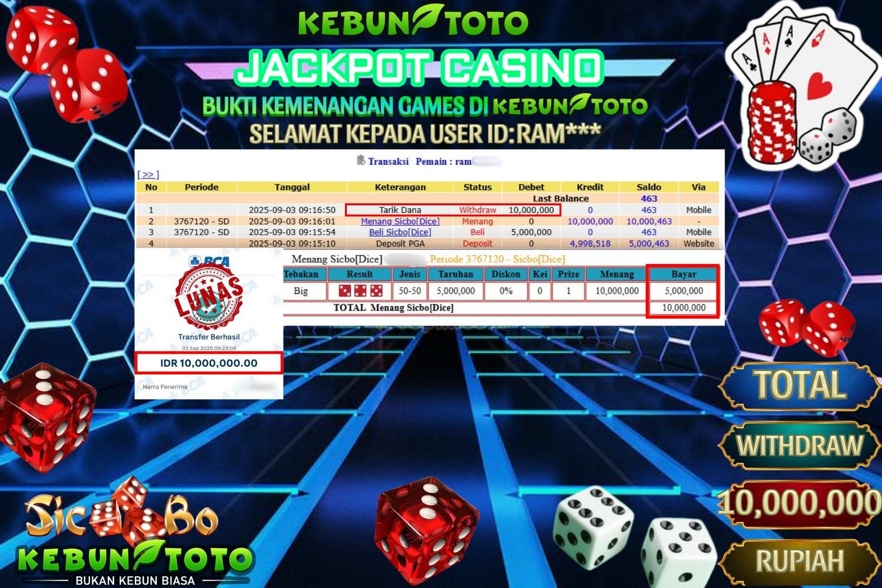 Bukti Kemenangan Rp 10.000.000 CASINO SICBO di KEBUNTOTO!