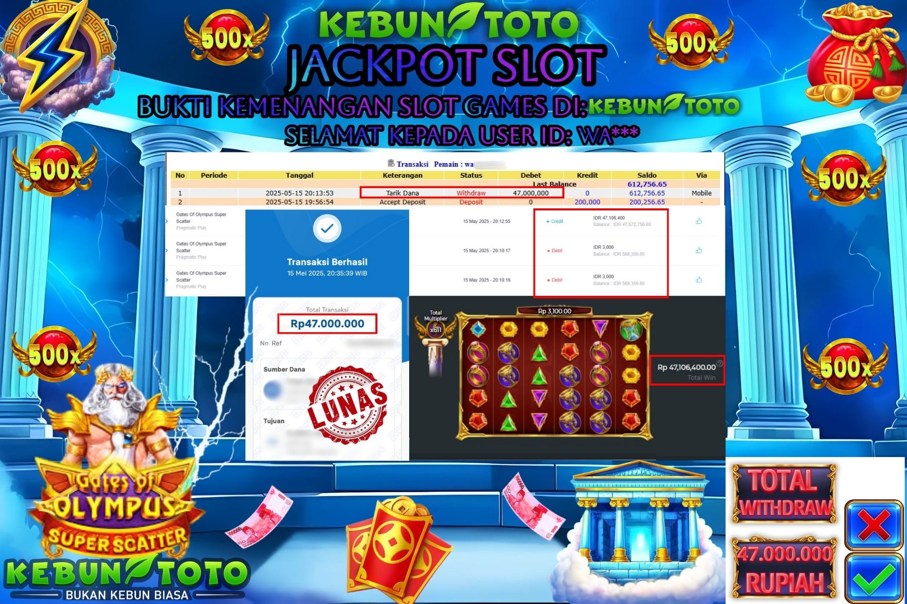 KEBUNTOTO JACKPOT SLOT GATES OF OLYMPUS SUPER SCATTER  Rp 47.000.000 ,- LUNAS