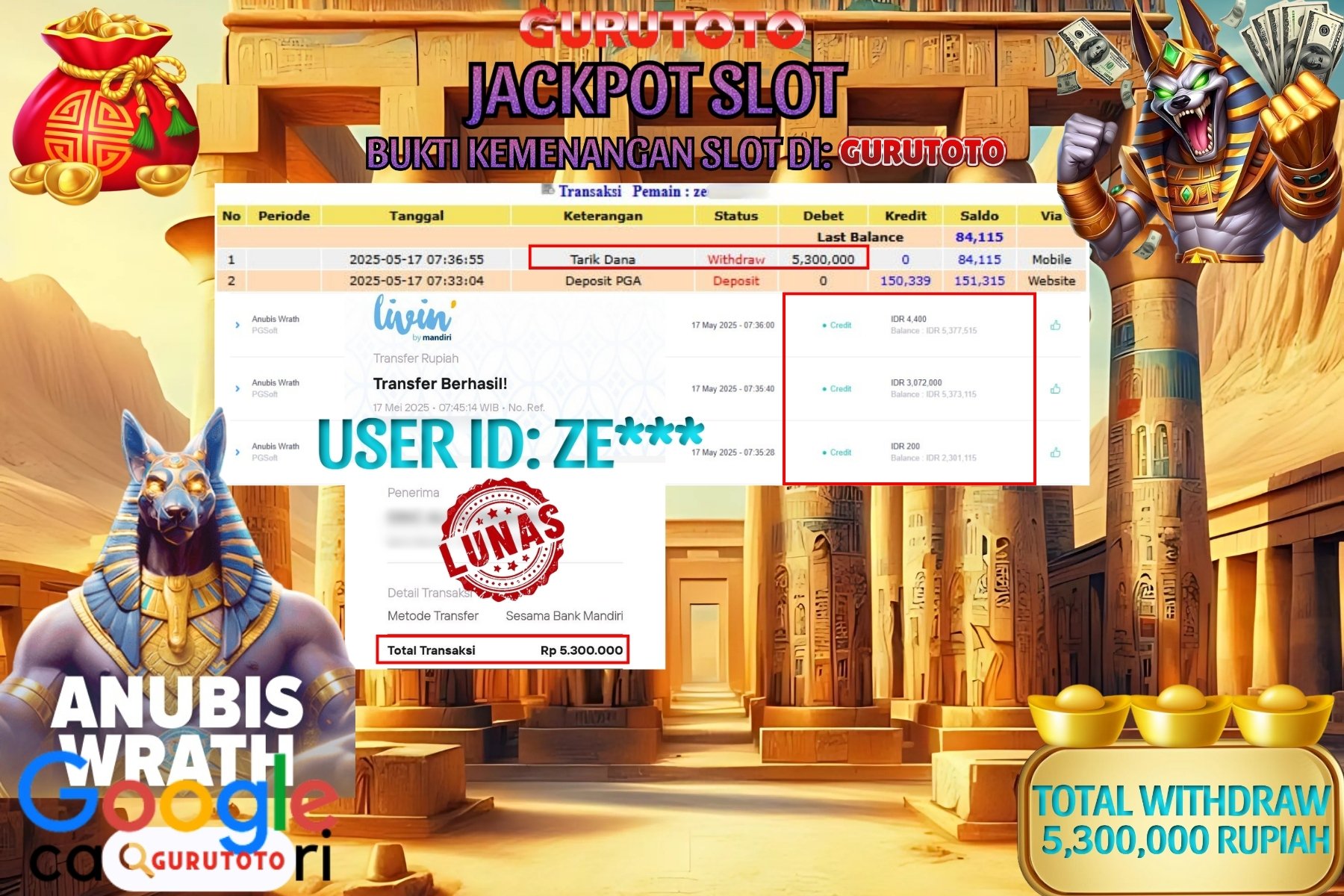 GURUTOTO JACKPOT, SLOT ANUBIS WRATH, Sebesar Rp 5.300.000 ,- LUNAS