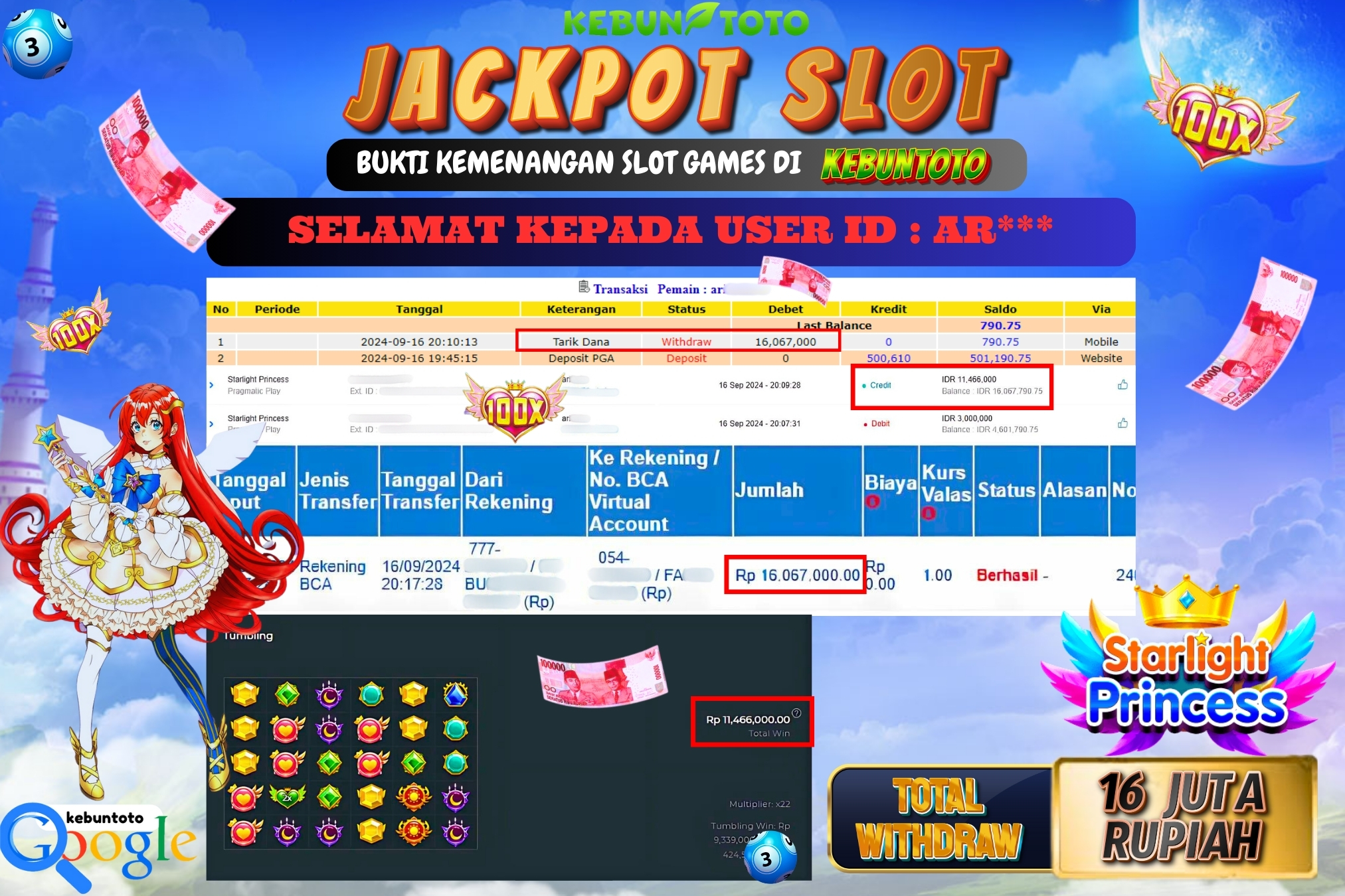 KEBUNTOTO JACKPOT SLOT STARLIGHT PRINCESS Rp.16.067.000,- LUNAS