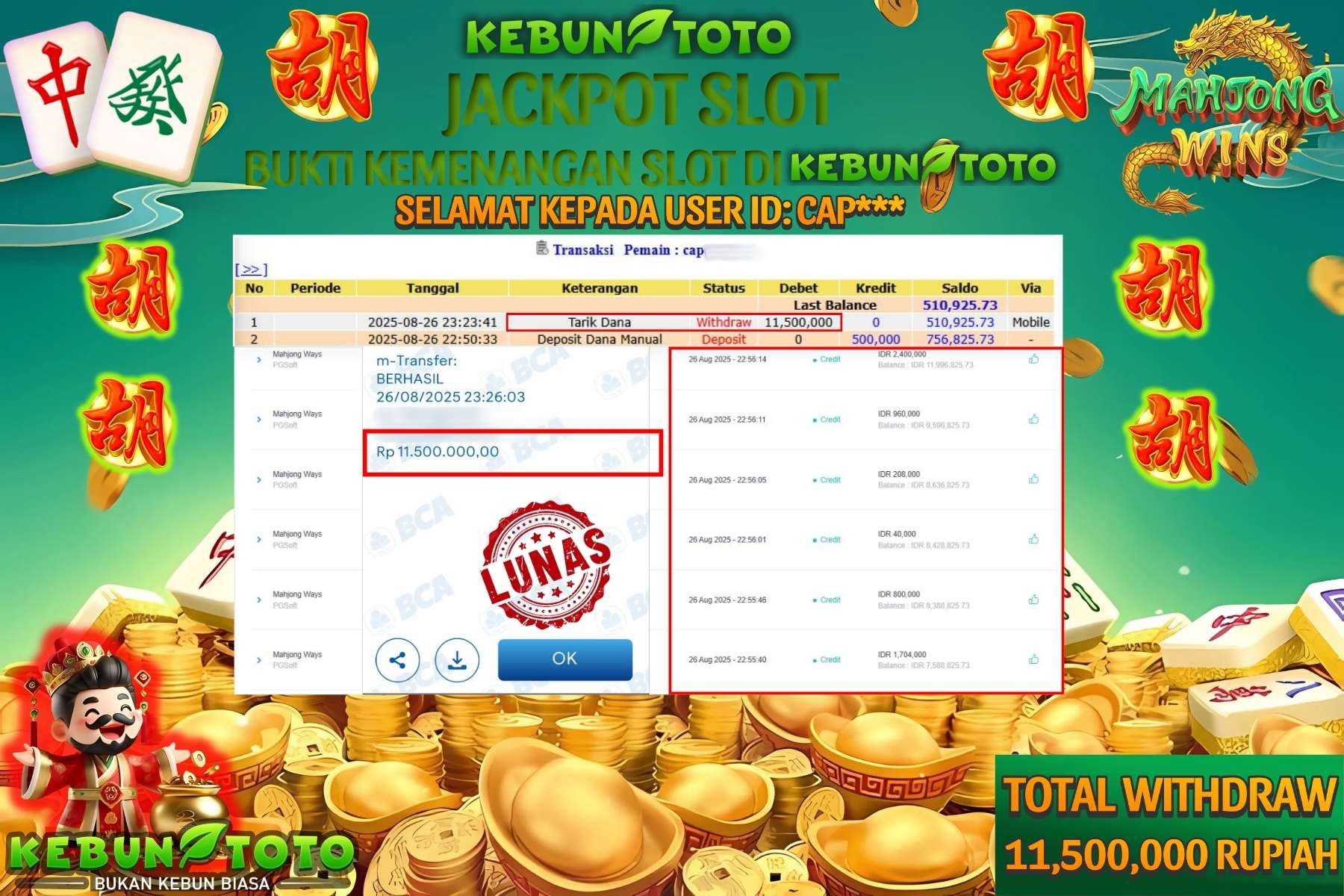 Bukti Kemenangan Rp 11.500.000 SLOT MAHJONG WAYS di KEBUNTOTO!