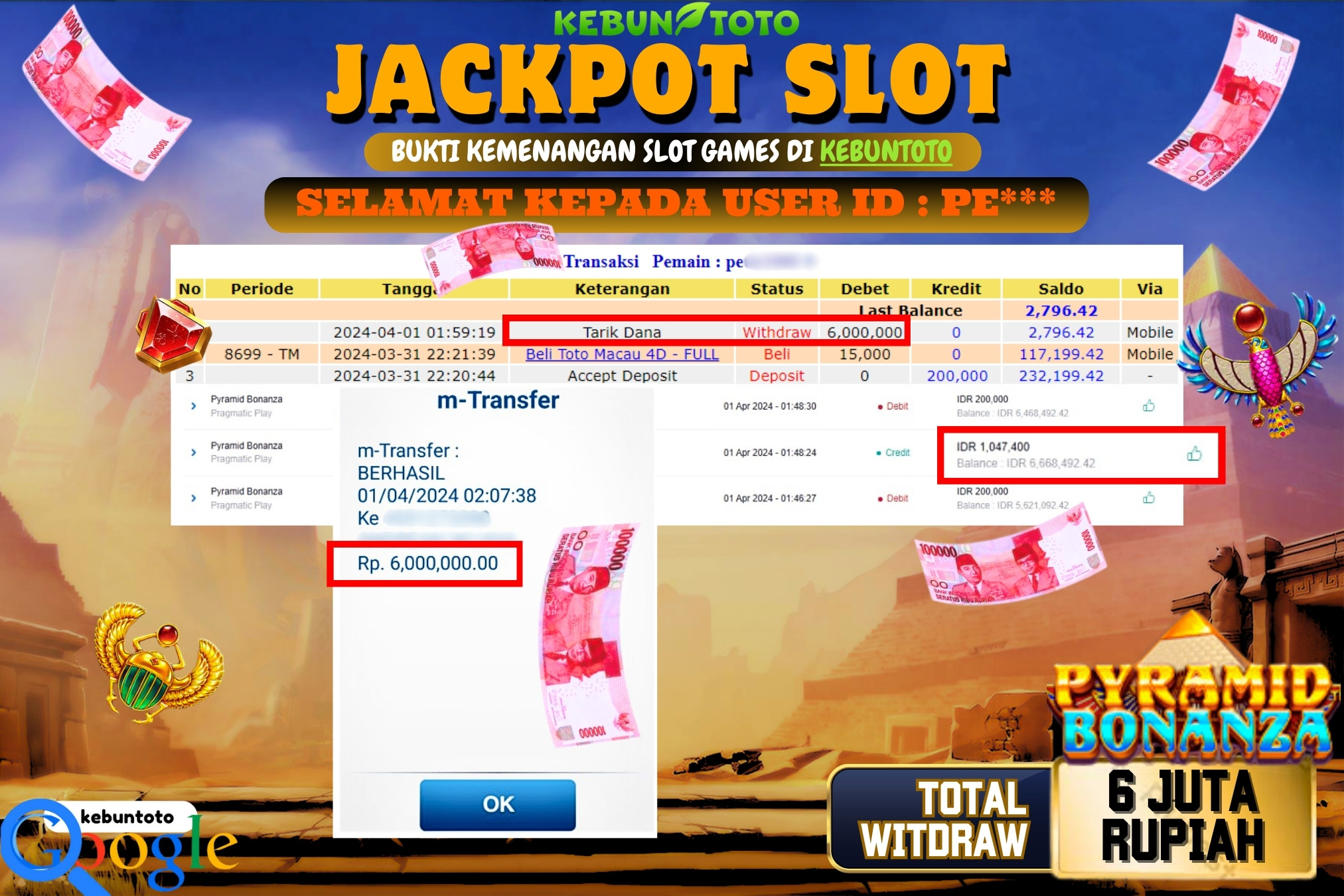 KEBUNTOTO JACKPOT SLOT PYRAMID BONANZA Rp.6.000.000,- LUNAS