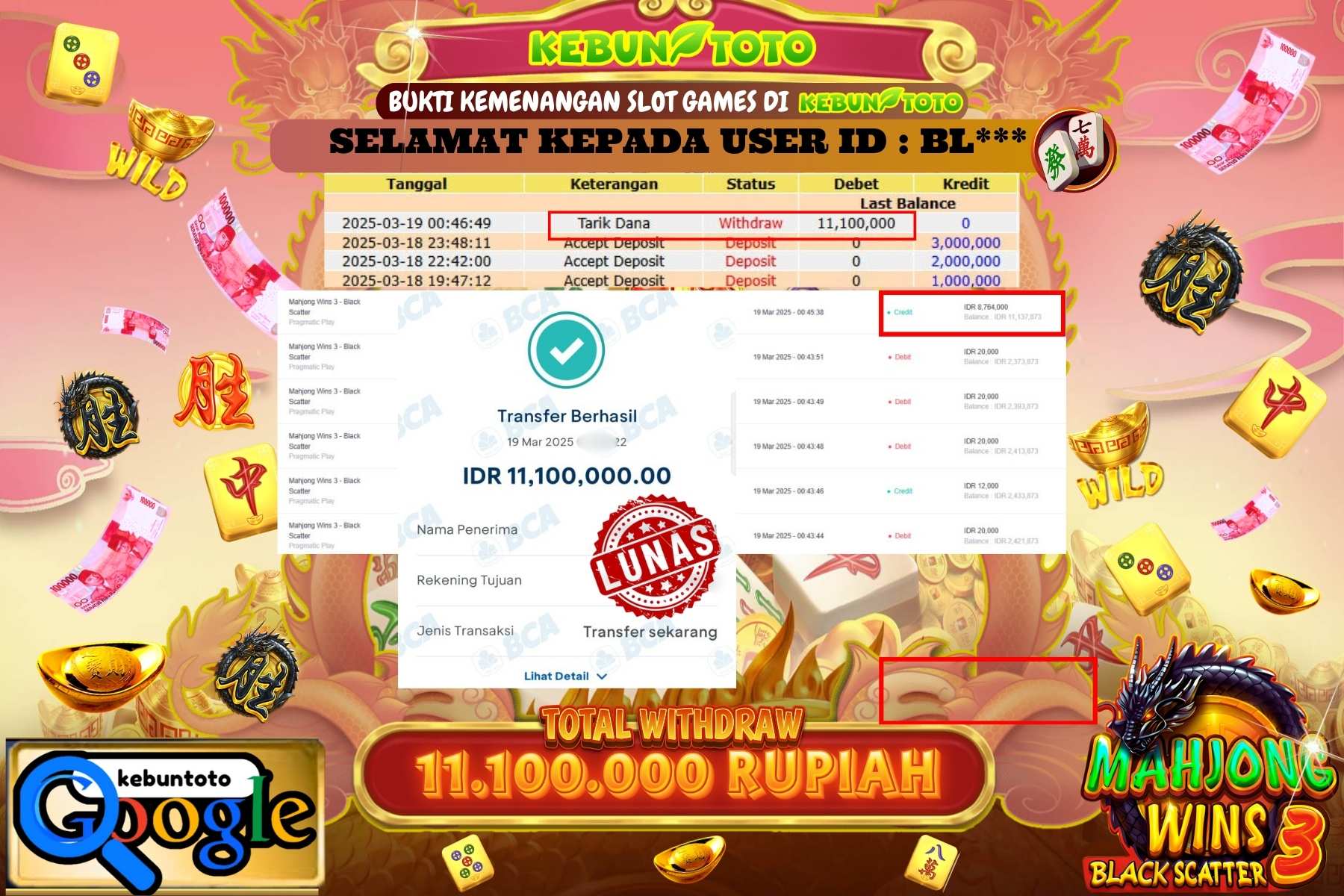 KEBUNTOTO JACKPOT, MAHJONG WINS 3 BLACK SCATTER Sebesar Rp 11.100.000,- LUNAS