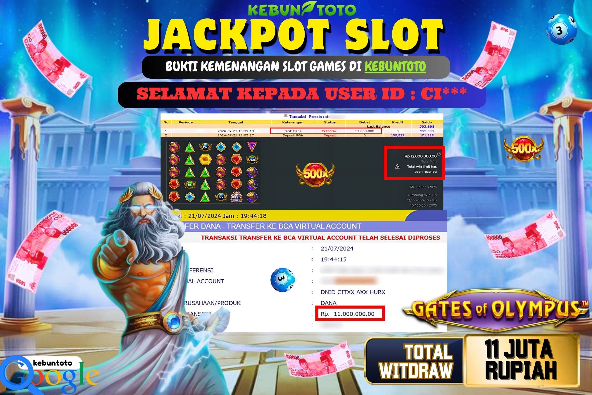 KEBUNTOTO JACKPOT SLOT GATES OF OLYMPUS 1000 Rp.11.000.000,- LUNAS