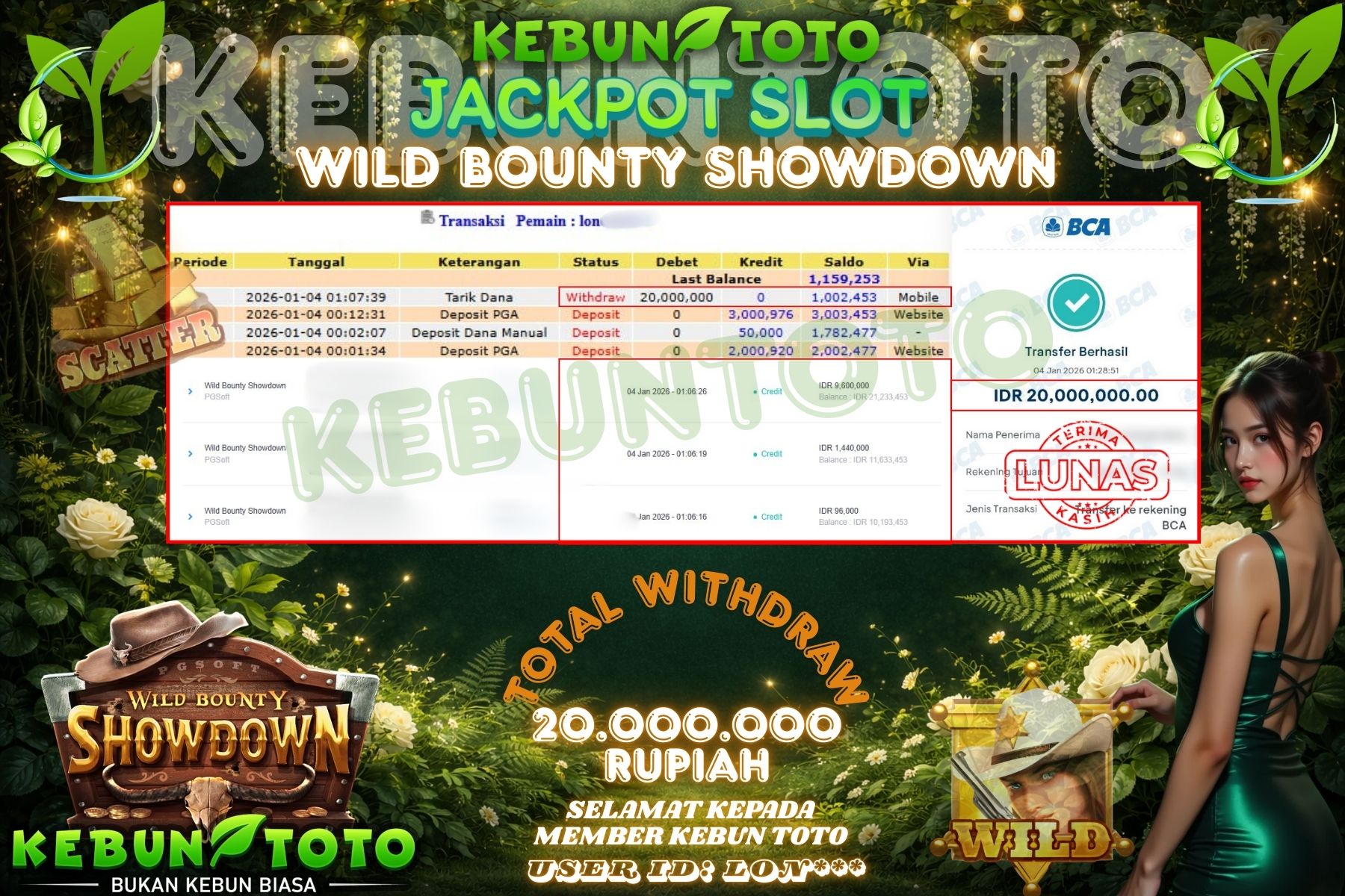 Bukti Kemenangan Rp 20.000.000 SLOT WILD BOUNTY SHOWDOWN di KEBUNTOTO!