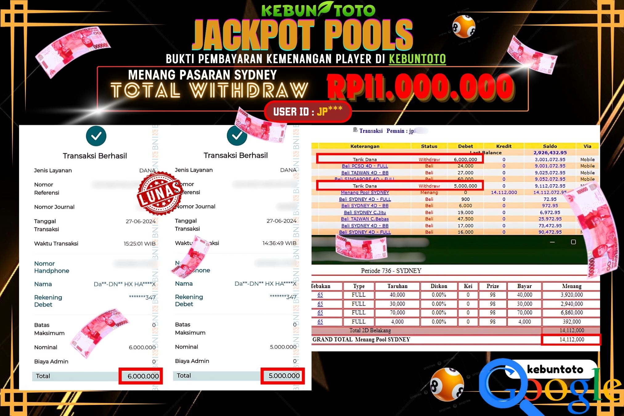 KEBUNTOTO JACKPOT TOGEL PASARAN SYDNEY Rp.11.000.000,- LUNAS
