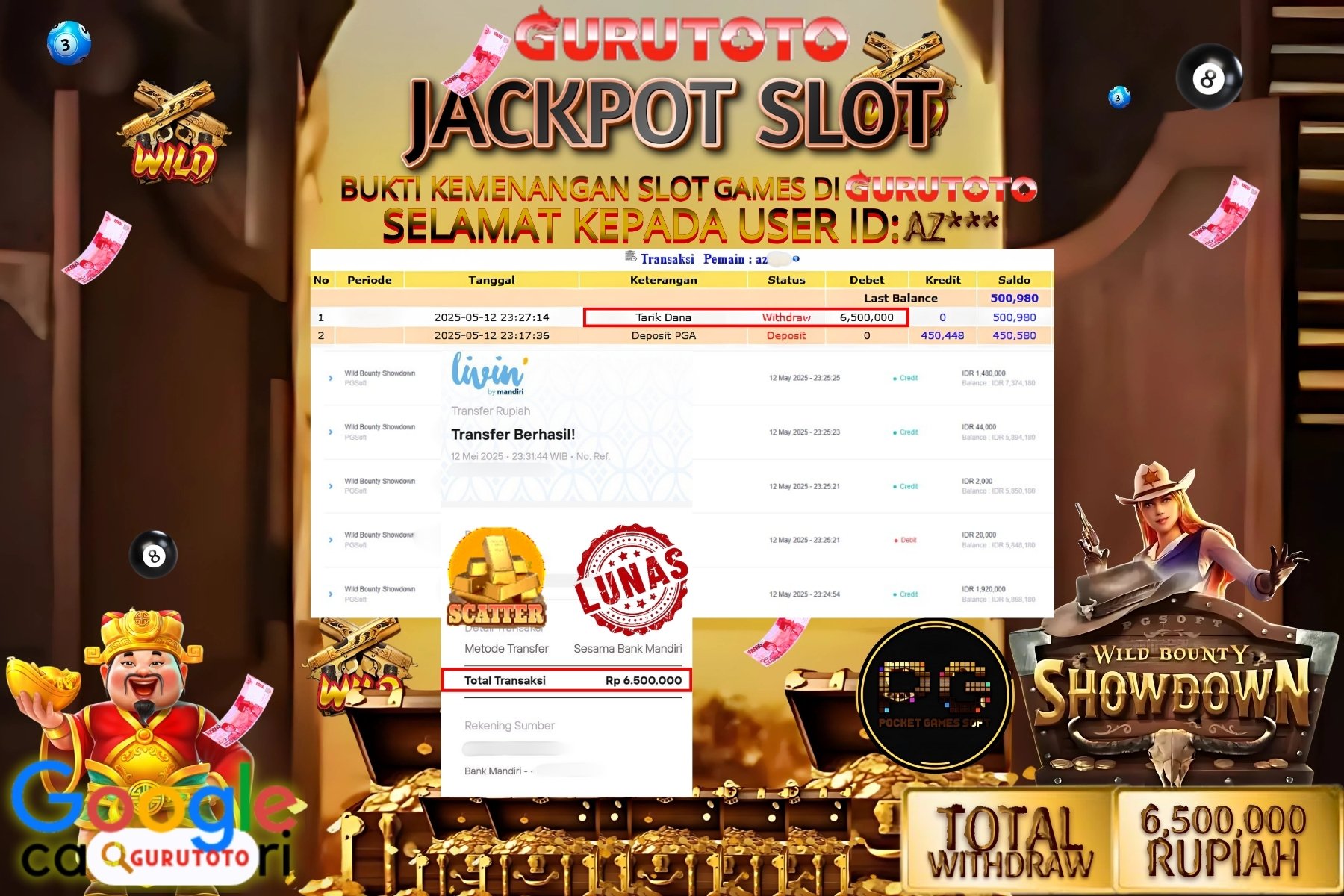GURUTOTO JACKPOT, SLOT WILD BOUNTY SHOWDOWN, Sebesar Rp 6.500.000,- LUNAS