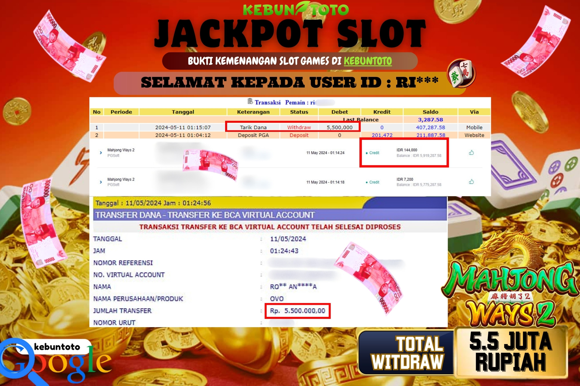 KEBUNTOTO JACKPOT SLOT MAHJONG WAYS 2 Rp.5.500.000,- LUNAS