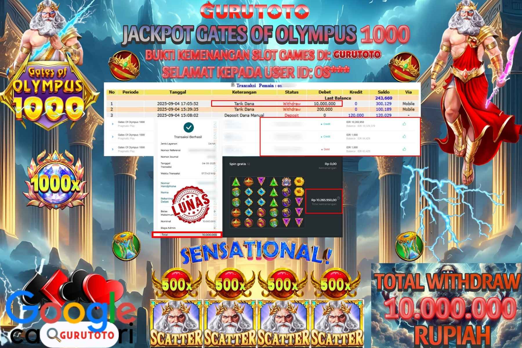 Bukti Kemenangan Rp 10.000.000 SLOT GATES OF OLYMPUS 1000 di GURUTOTO!