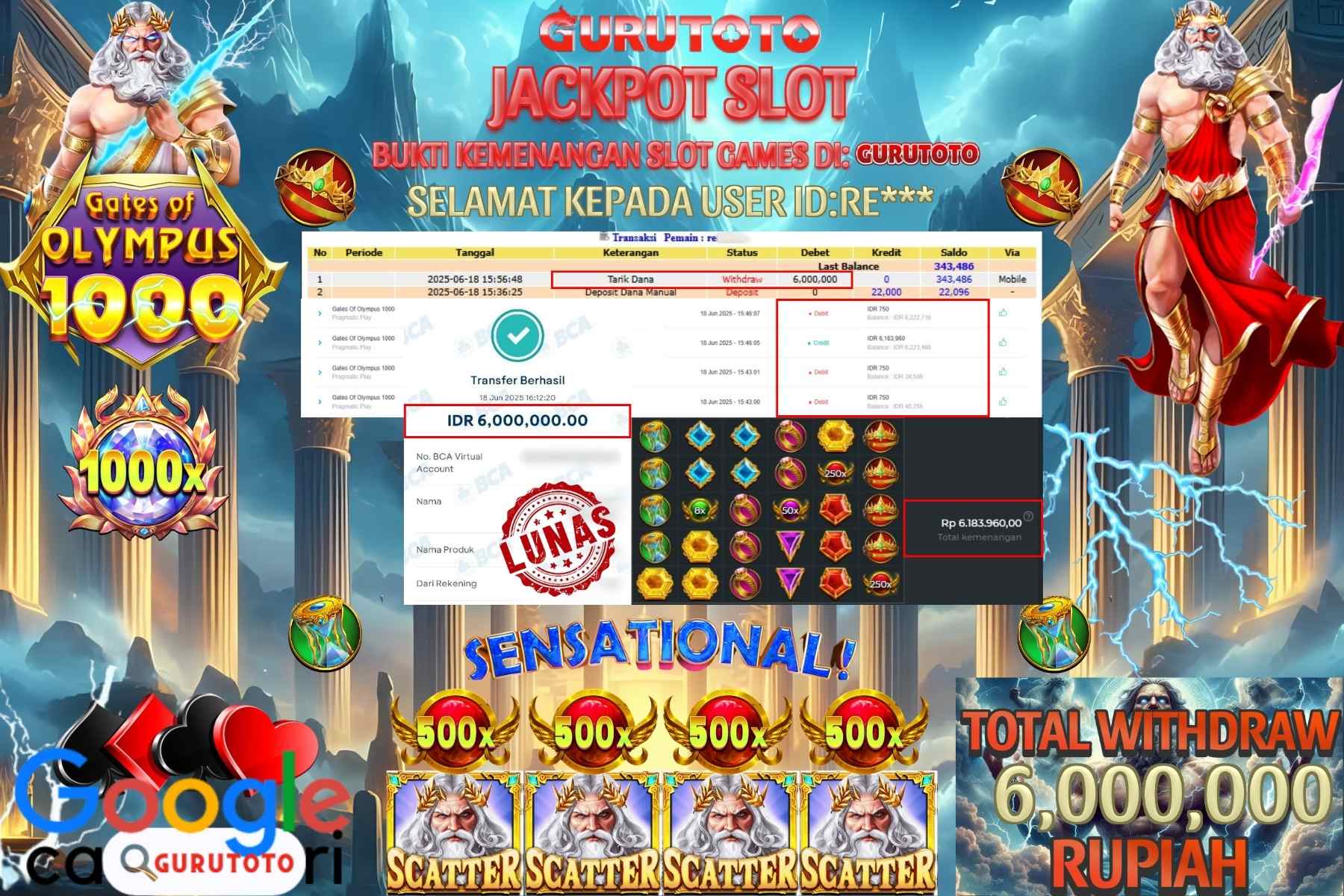 Bukti Kemenangan Rp 6.000.000 SLOT GATES OF OLYMPUS 1000 di GURUTOTO!