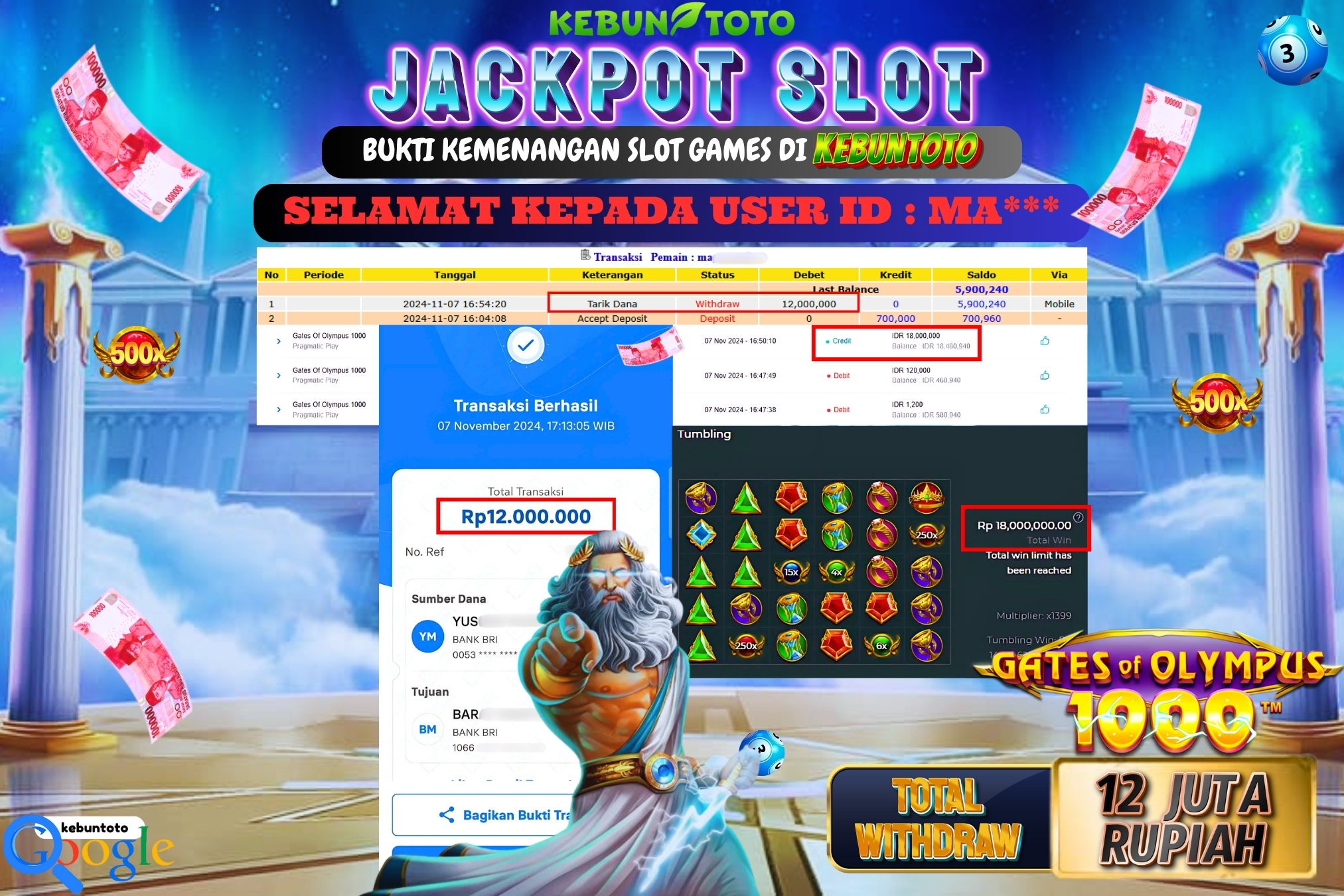 KEBUNTOTO JACKPOT SLOT GATES OF OLYMPUS 1000 Rp.12.000.000,- LUNAS