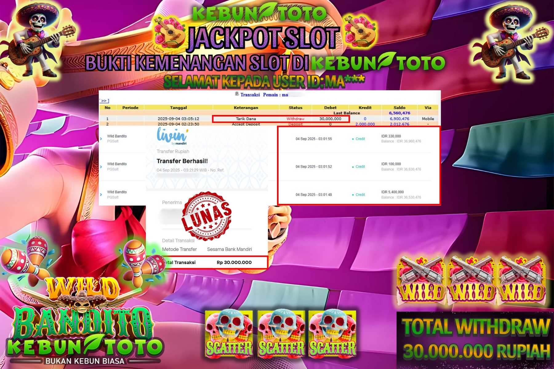 Bukti Kemenangan Rp 30.000.000 SLOT WILD BANDITO di KEBUNTOTO!