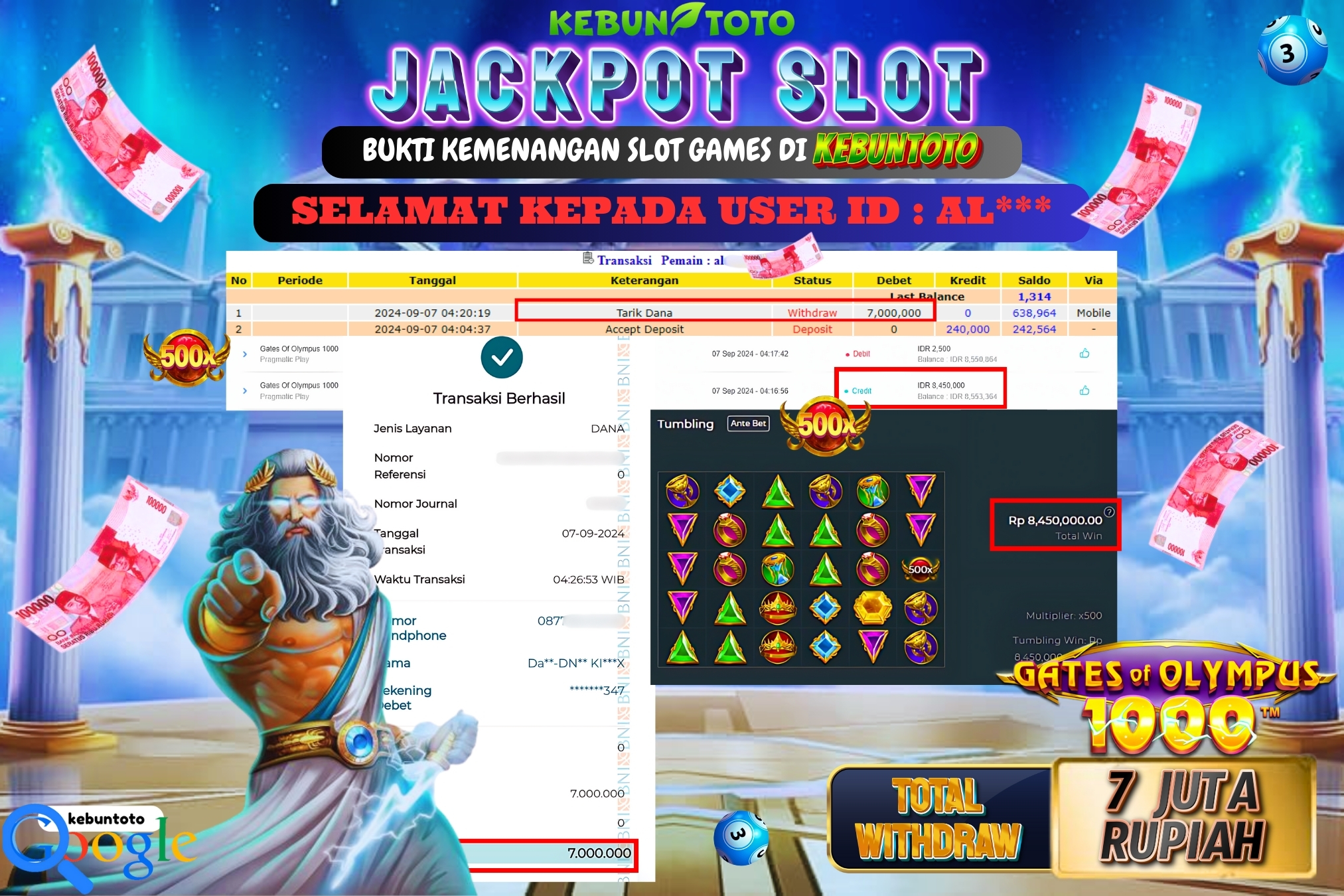 KEBUNTOTO JACKPOT SLOT GATES OF OLYMPUS 1000 Rp.7.000.000,- LUNAS