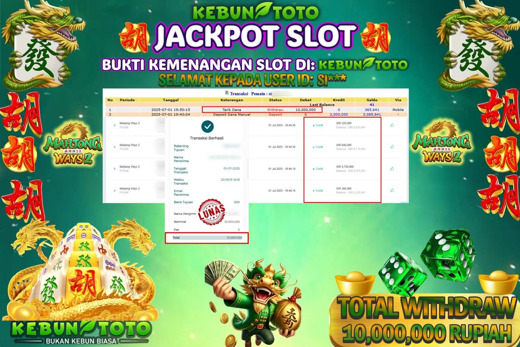 Bukti Kemenangan Rp 10.000.000 SLOT MAHJONG WAYS 2 di KEBUNTOTO!