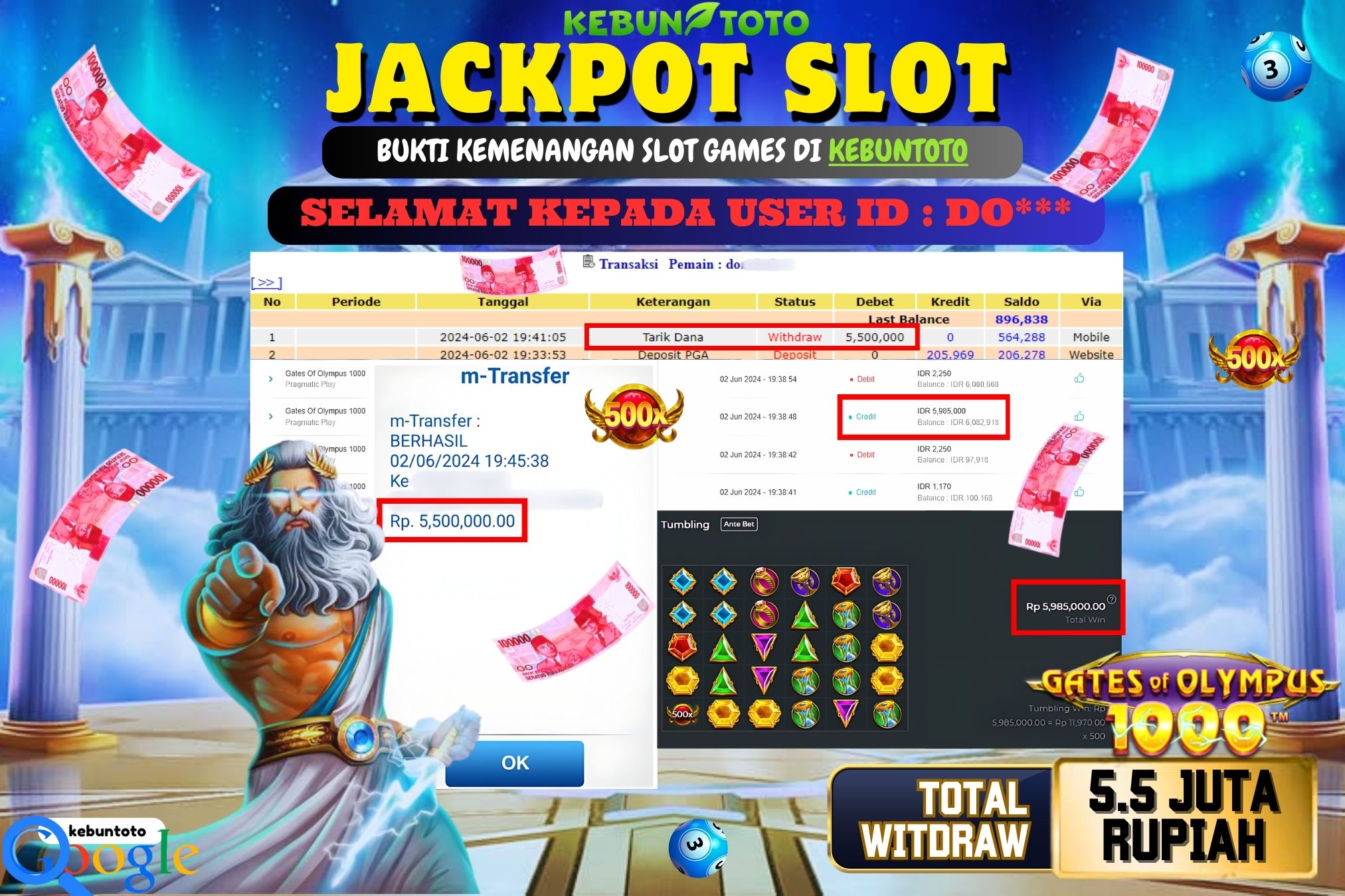 KEBUNTOTO JACKPOT SLOT GATES OF OLYMPUS 1000 Rp.5.500.000,- LUNAS