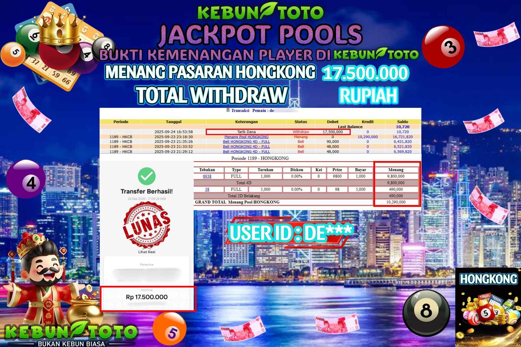 Bukti Kemenangan Rp 17.500.000 TOGEL TOTO HONGKONG di KEBUNTOTO!