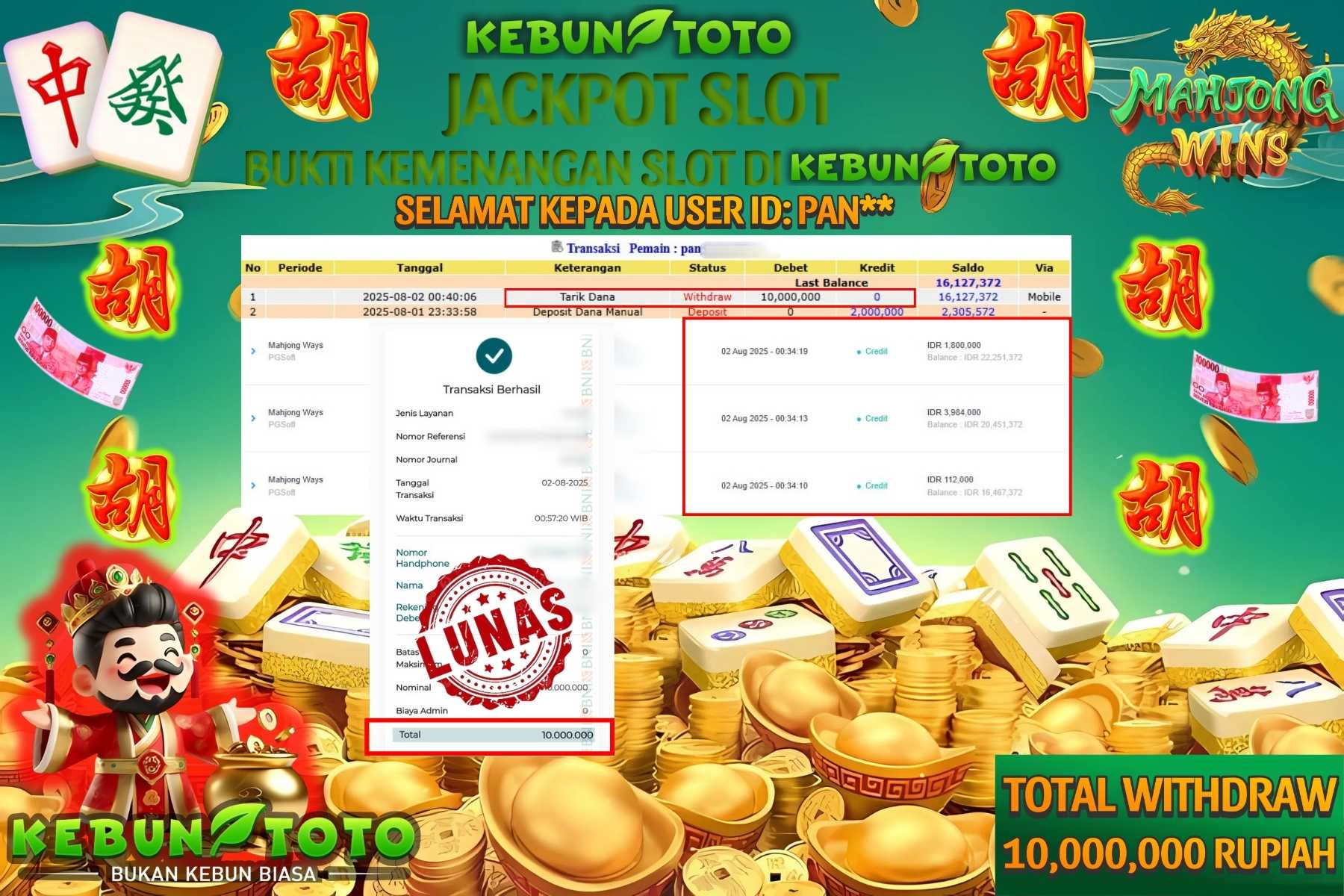 Bukti Kemenangan Rp 10.000.000 SLOT MAHJONG WAYS di KEBUNTOTO!