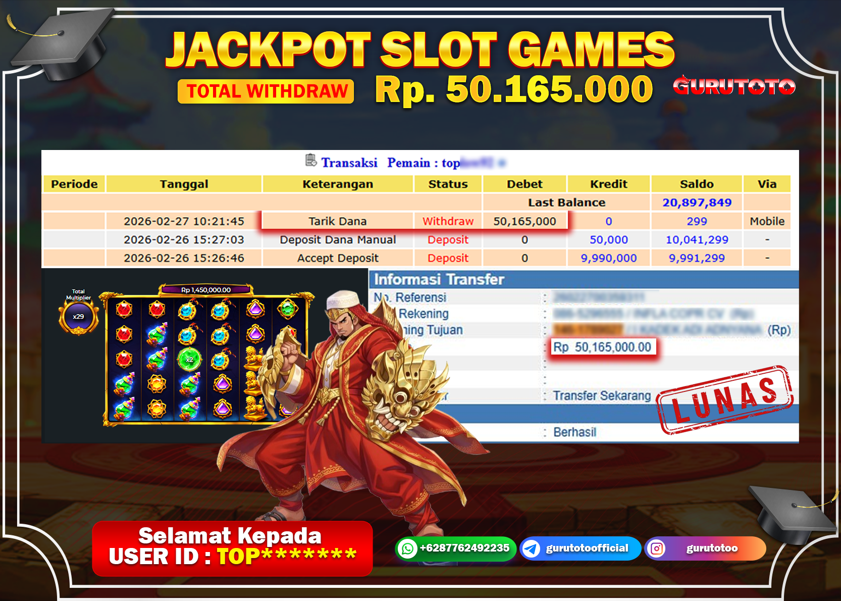 Bukti Kemenangan Rp 50.165.000 GATES OF GATOT KACA di GURUTOTO !