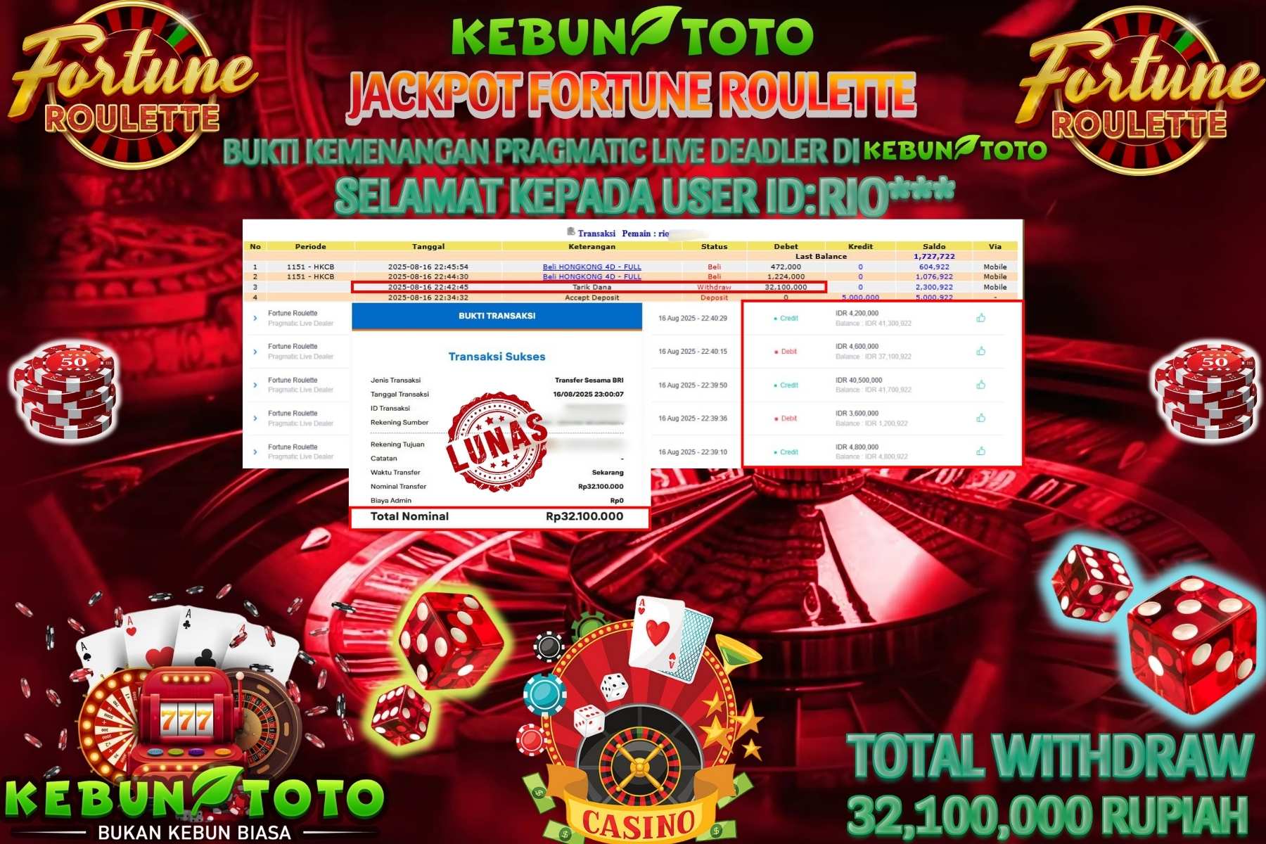 Bukti Kemenangan Rp 32.100.000 CASINO FORTUNE ROULETTE di KEBUNTOTO!