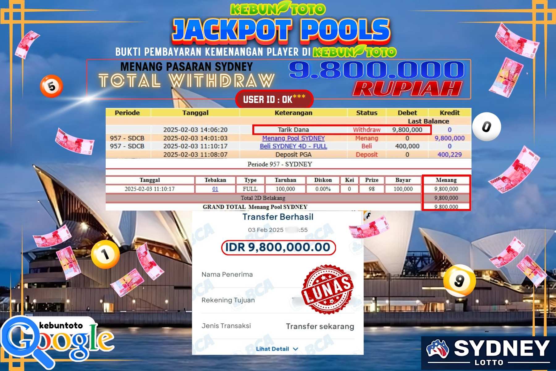 KEBUNTOTO JACKPOT TOTO SYDNEY POOLS , Sebesar Rp 9.800.000,- LUNAS