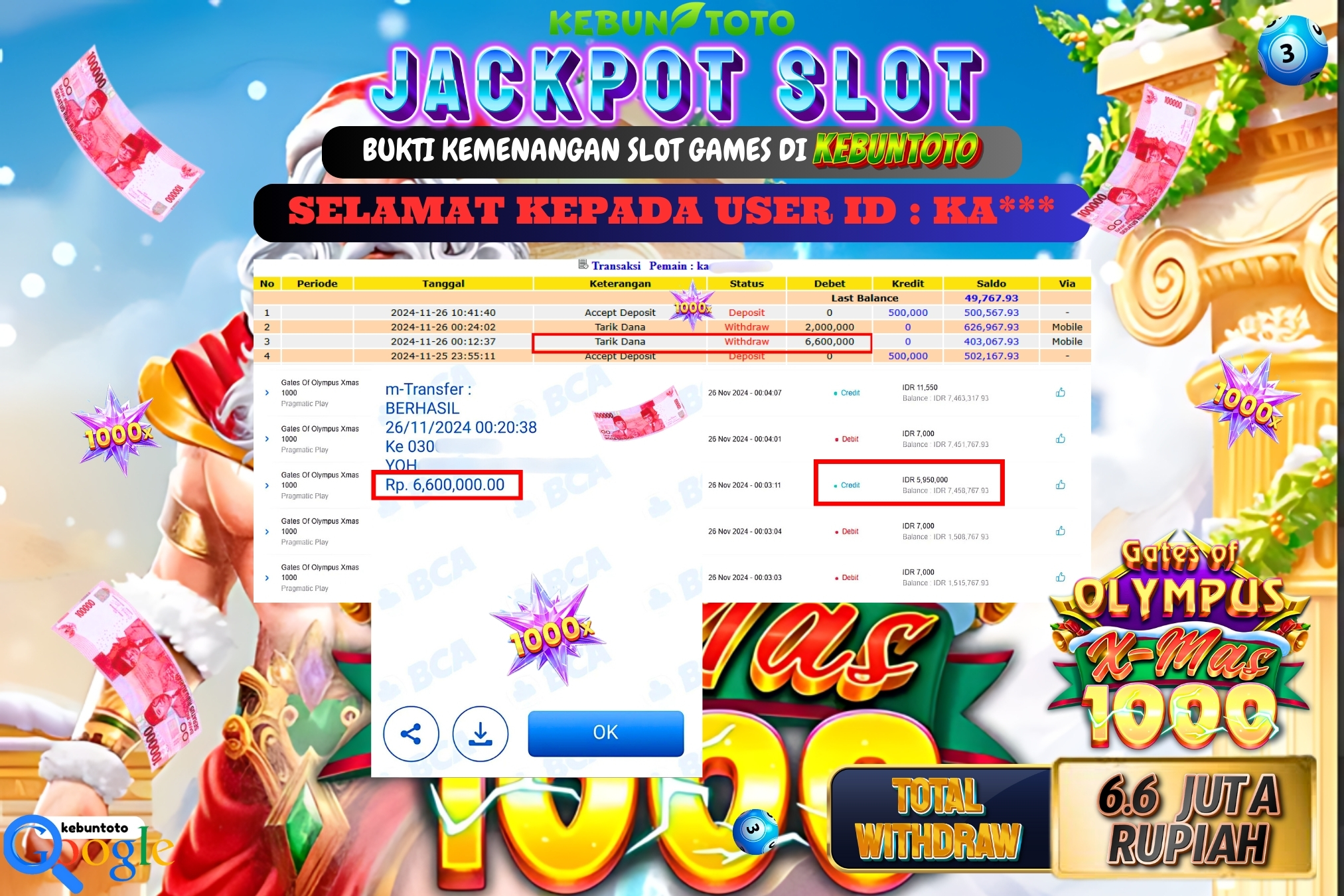 KEBUNTOTO JACKPOT SLOT GATES OF OLYMPUS XMAS 1000 Rp.6.600.000,- LUNAS