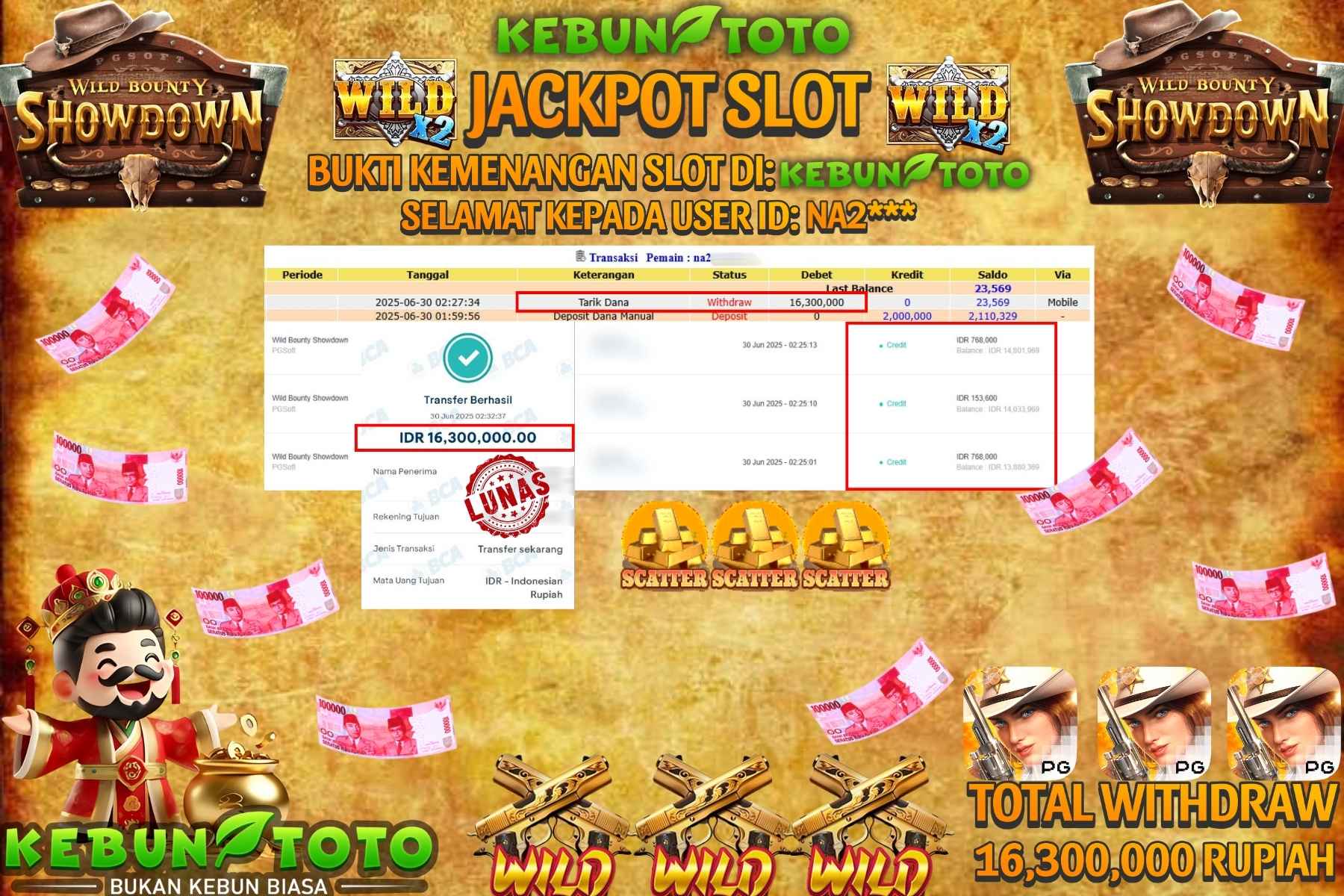 Bukti Kemenangan Rp 16.300.000 SLOT WILD BOUNTY SHOWDOWN di KEBUNTOTO!