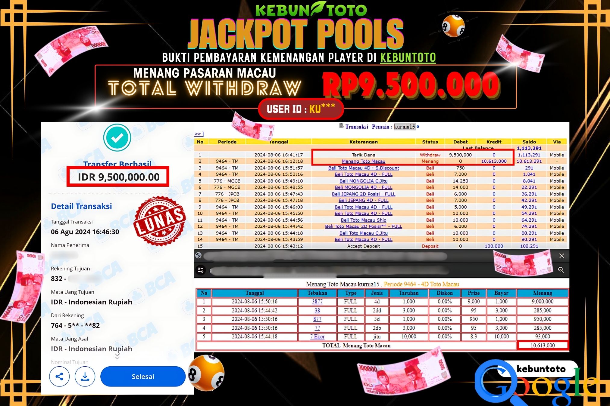 KEBUNTOTO JACKPOT TOGEL PASARAN MACAU Rp.9.500.000,- LUNAS