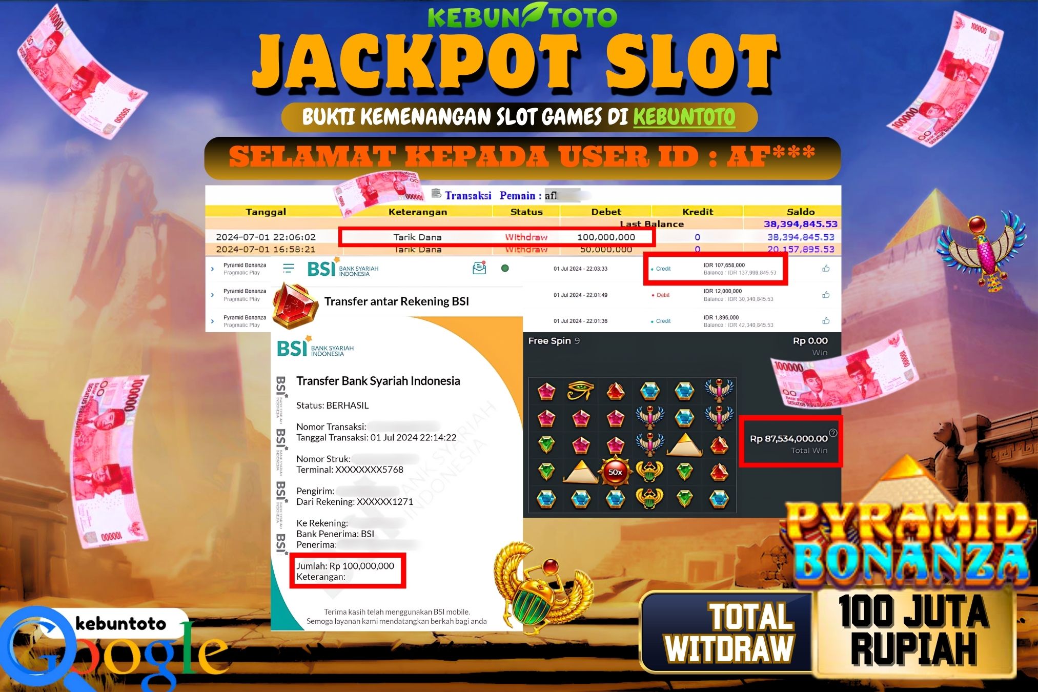 KEBUNTOTO JACKPOT SLOT PYRAMID BONANZA Rp.100.000.000,- LUNAS