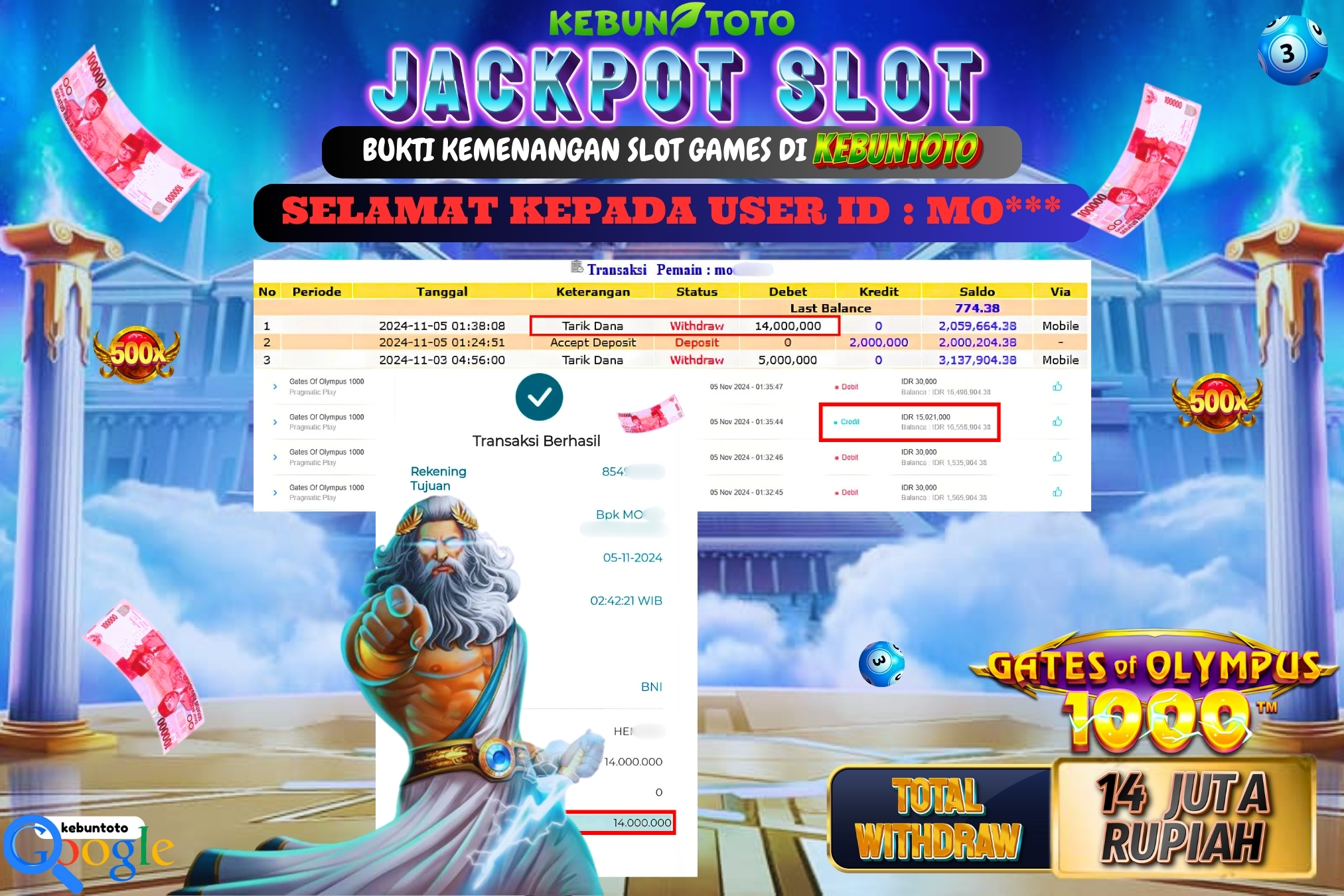 KEBUNTOTO JACKPOT SLOT GATES OF OLYMPUS 1000 Rp.14.000.000,- LUNAS