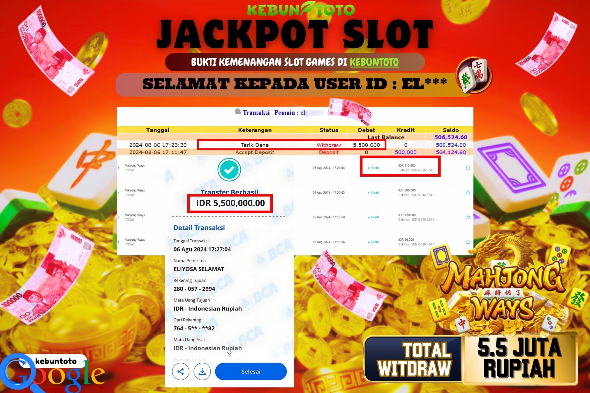 KEBUNTOTO JACKPOT SLOT MAHJONG WAYS Rp.5.500.000,- LUNAS