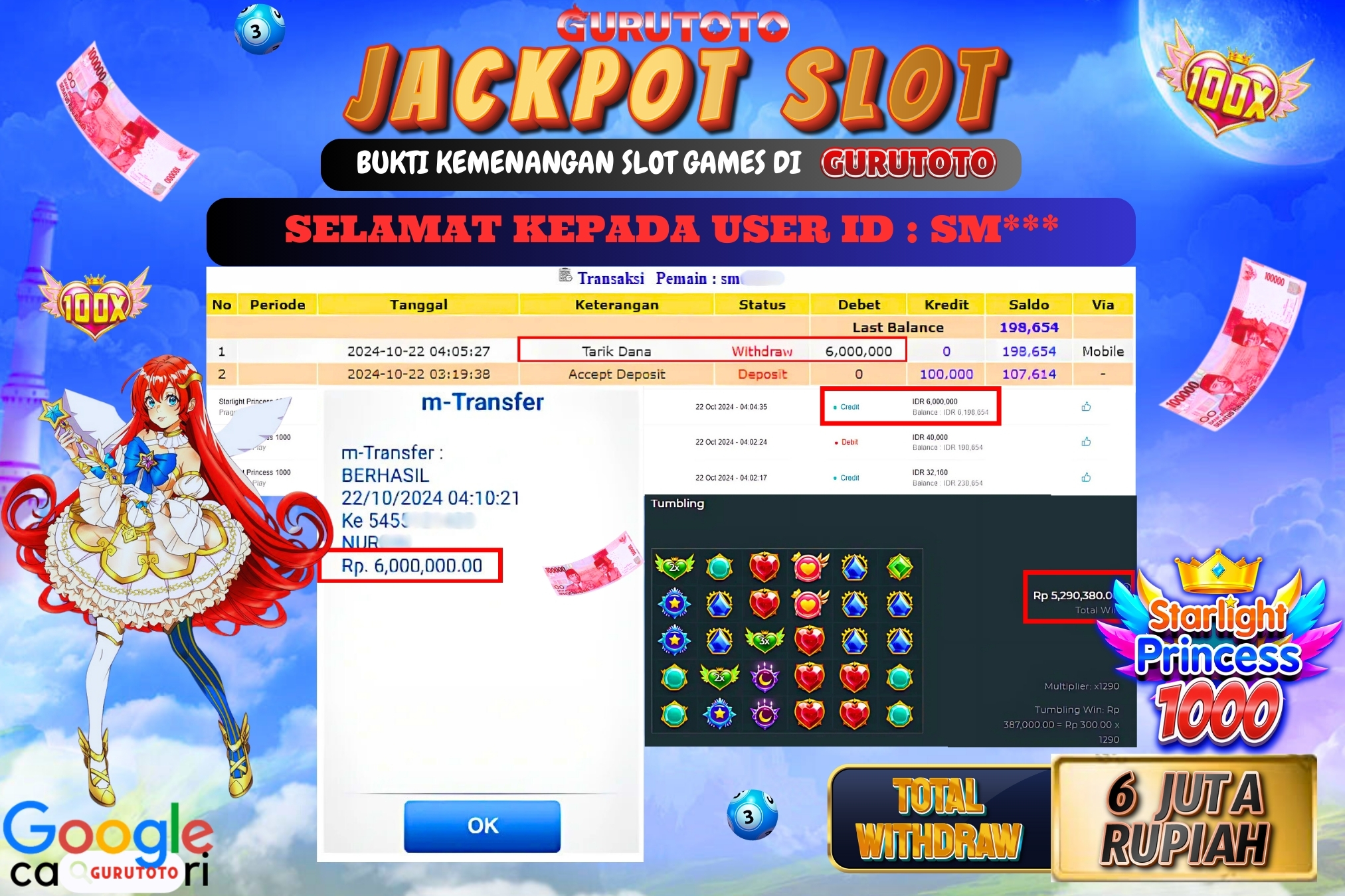 Jackpot Slot Starlight Princess 1000 di Gurutoto sebesar Rp.6.000.000 dibayar lunas.
