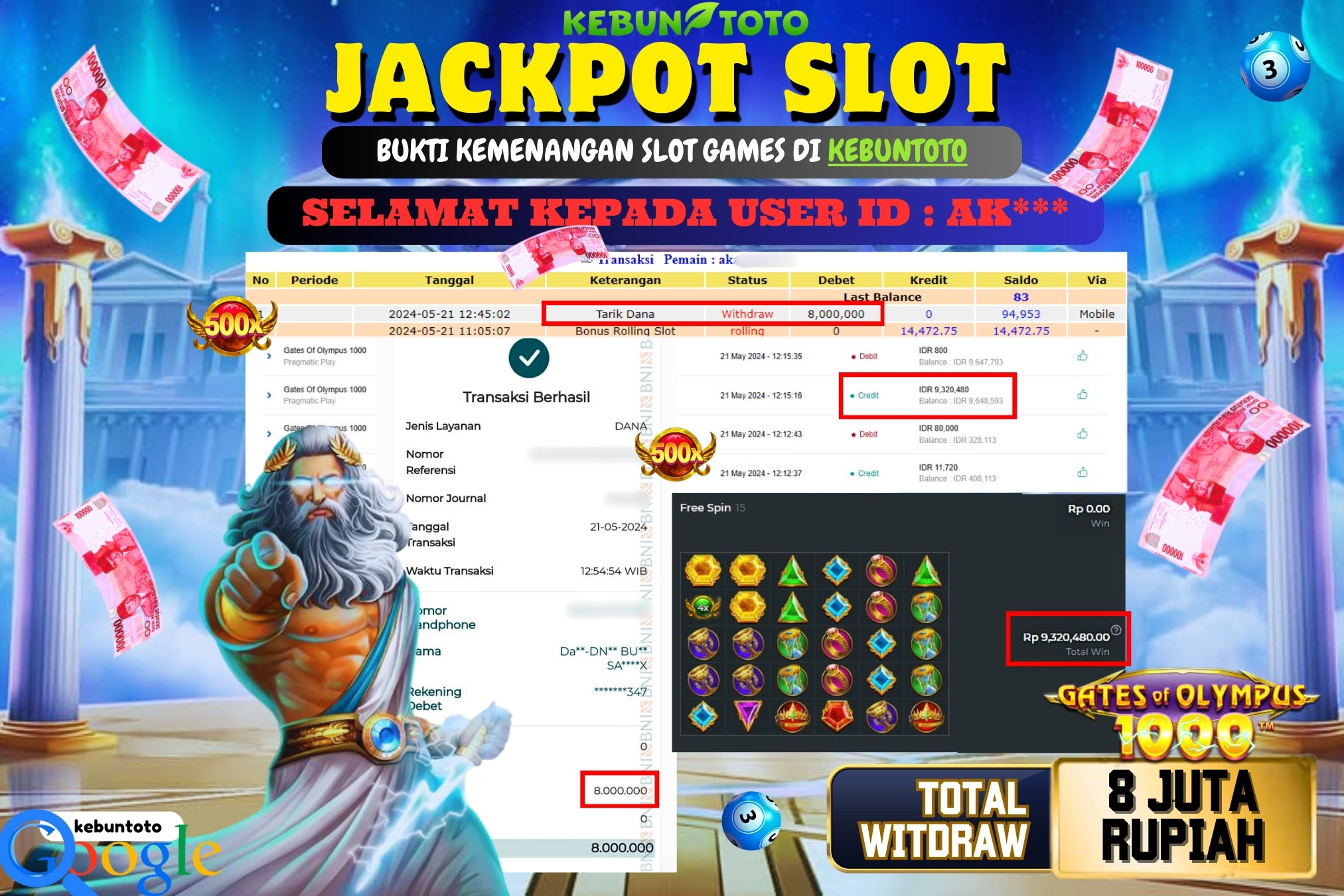 KEBUNTOTO JACKPOT SLOT GATES OF OLYMPUS 1000 Rp.8.000.000,- LUNAS
