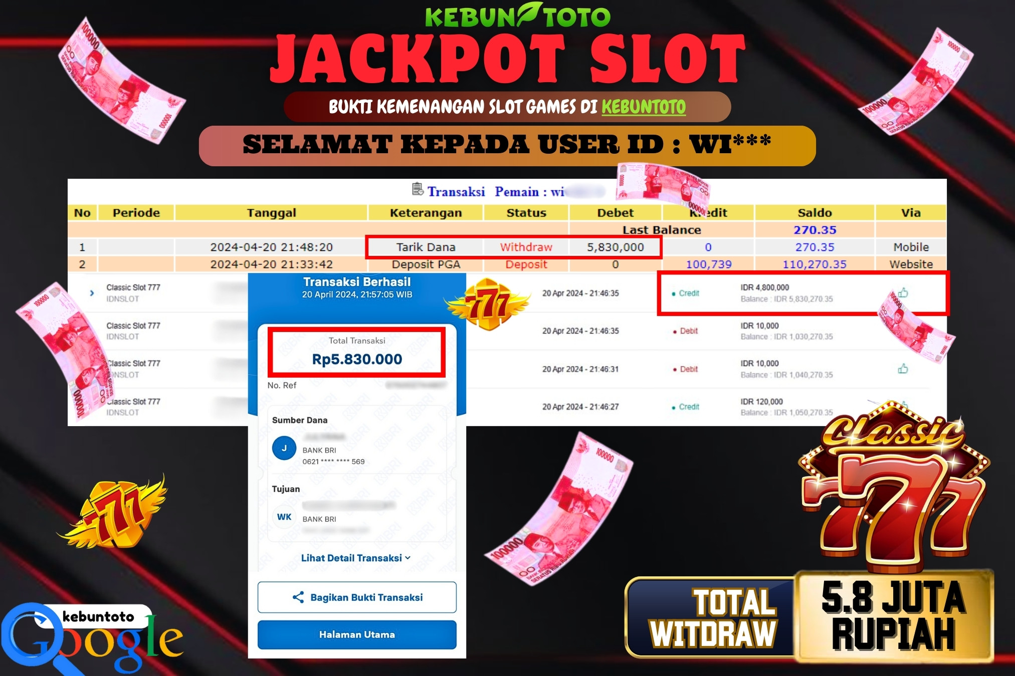 KEBUNTOTO JACKPOT SLOT CLASSIC SLOT 777 Rp.5.830.000,- LUNAS