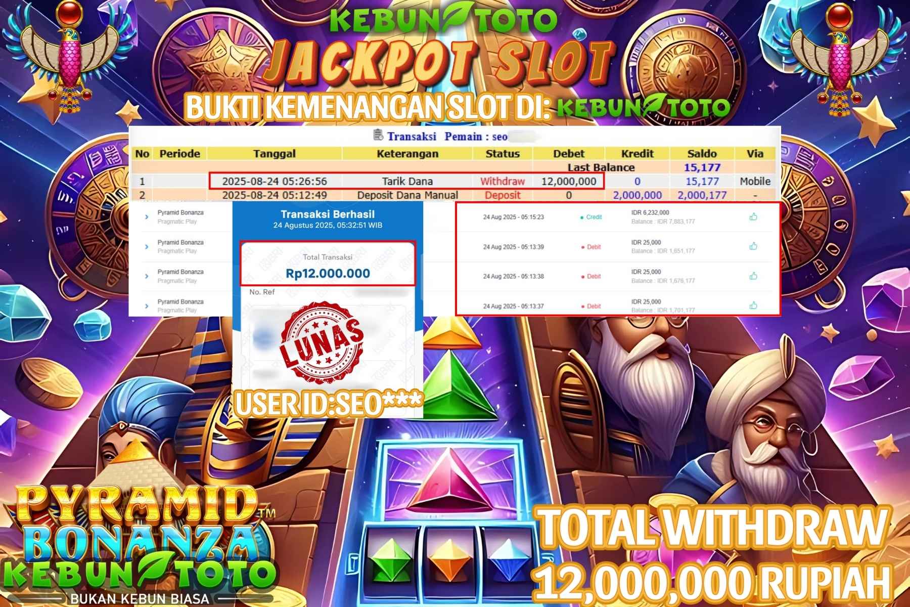 Bukti Kemenangan Rp 12.000.000 SLOT PYRAMID BONANZA di KEBUNTOTO!