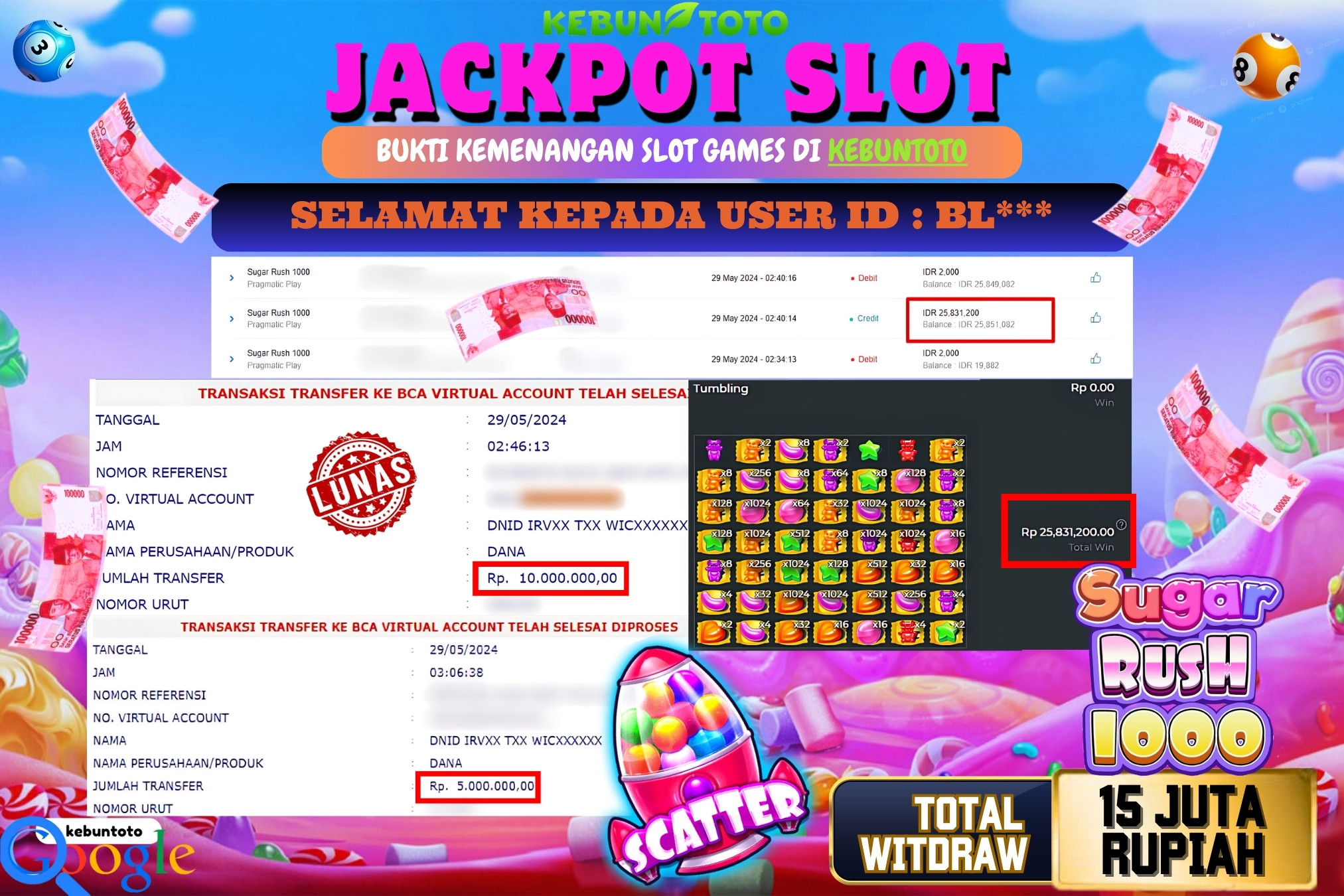 KEBUNTOTO JACKPOT SLOT SUGAR RUSH 1000 Rp.15.000.000,- LUNAS