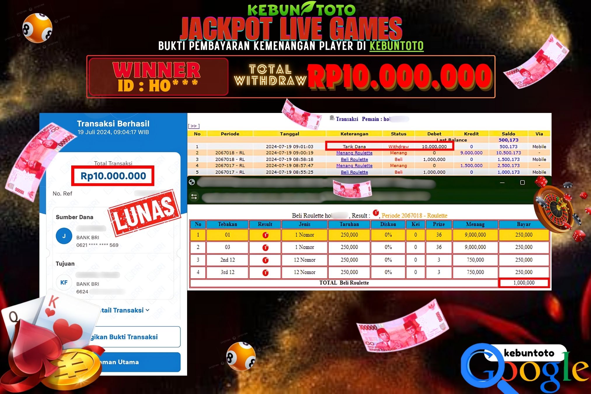 KEBUNTOTO JACKPOT LIVE GAMES ROULETTE Rp.10.000.000,- LUNAS