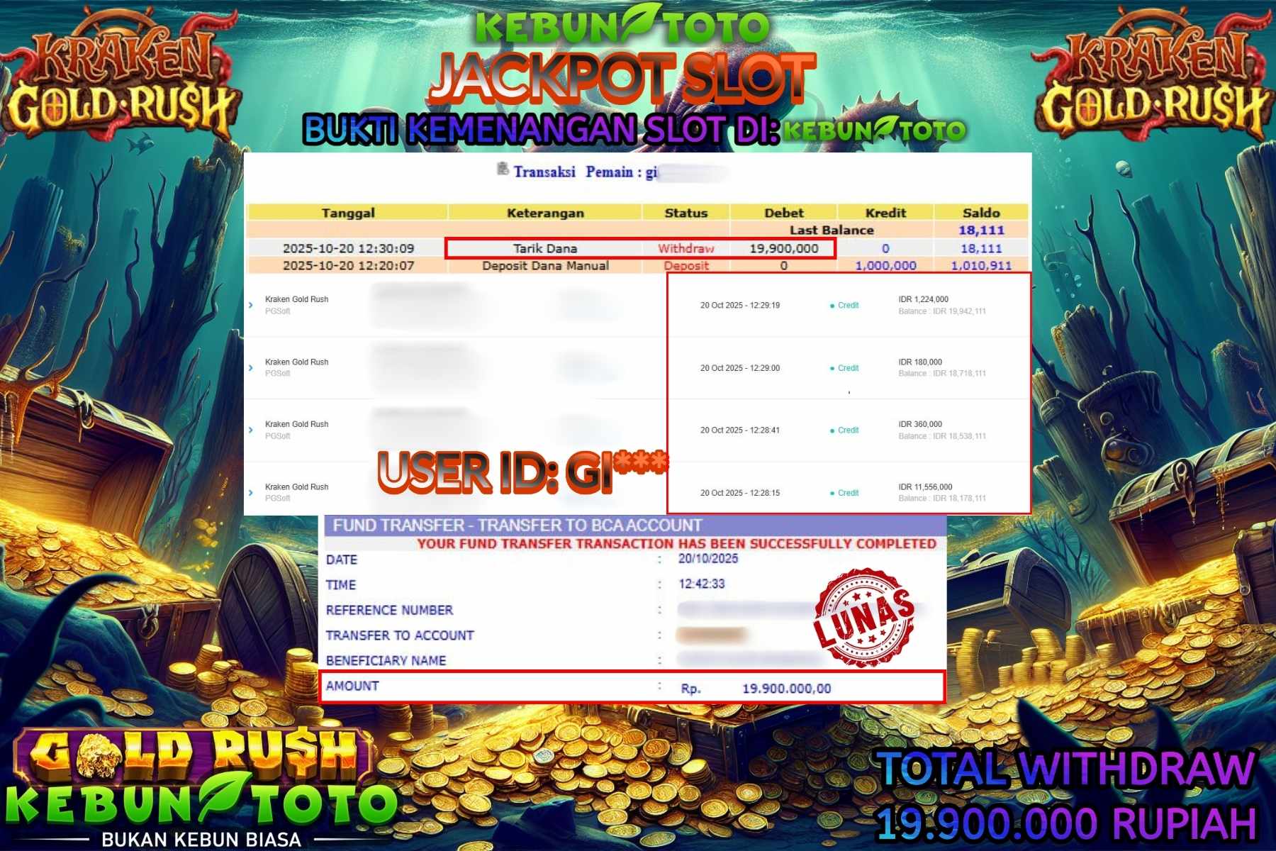 Bukti Kemenangan Rp 19.900.000 SLOT KRAKEN GOLD RUSH di KEBUNTOTO!