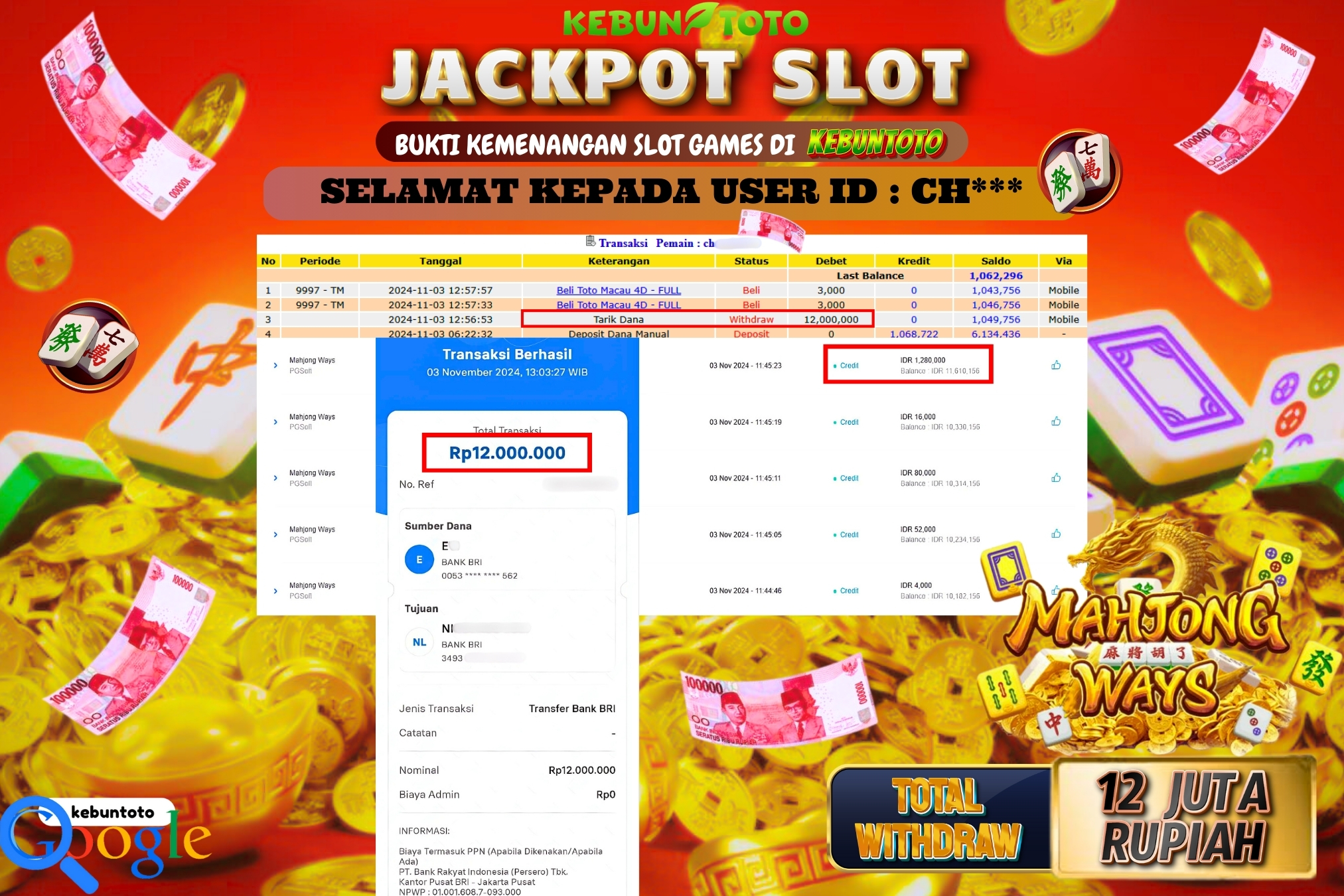 KEBUNTOTO JACKPOT SLOT MAHJONG WAYS Rp.12.000.000,- LUNAS