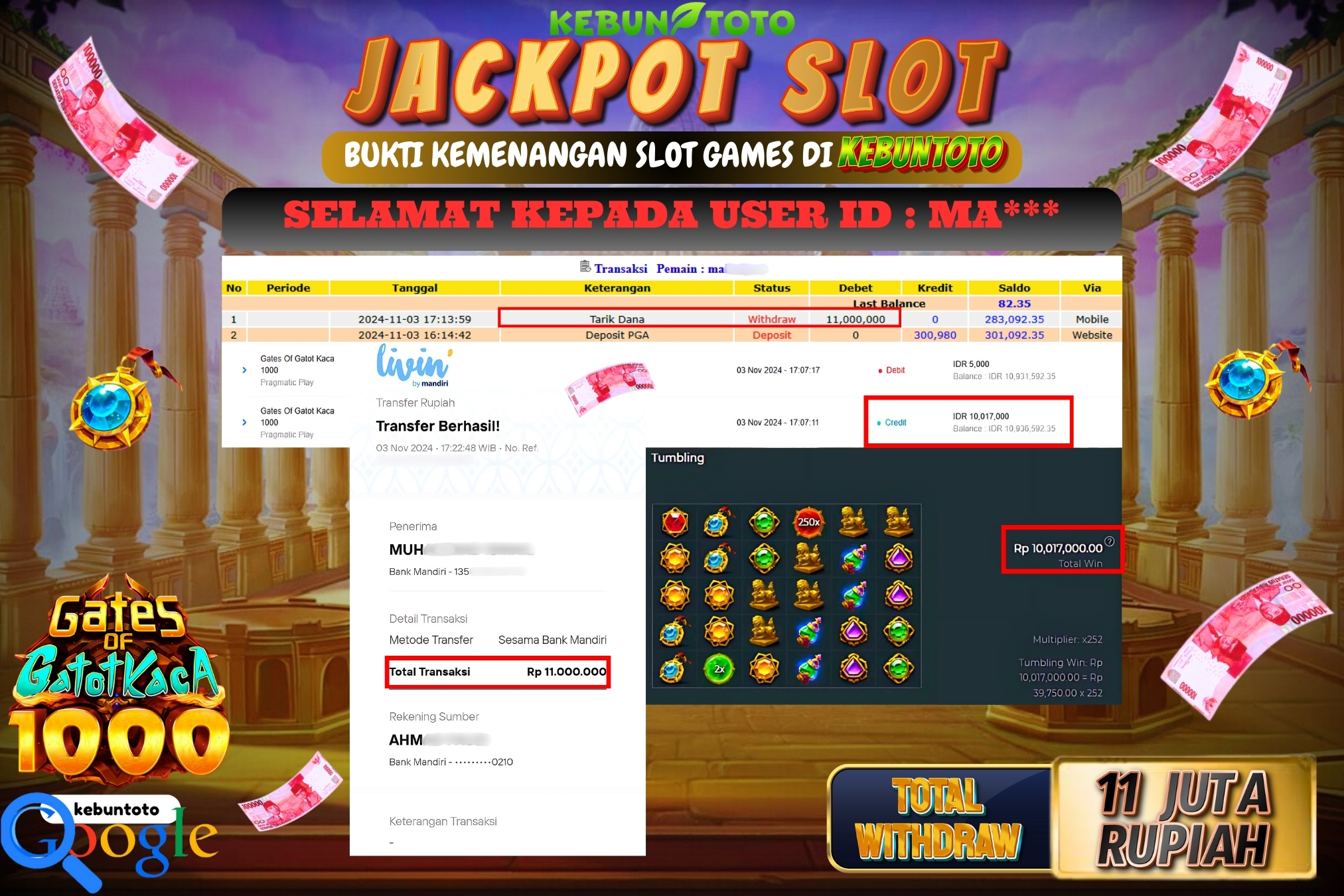 KEBUNTOTO JACKPOT SLOT GATES OF GATOT KACA 1000 Rp.11.000.000,- LUNAS