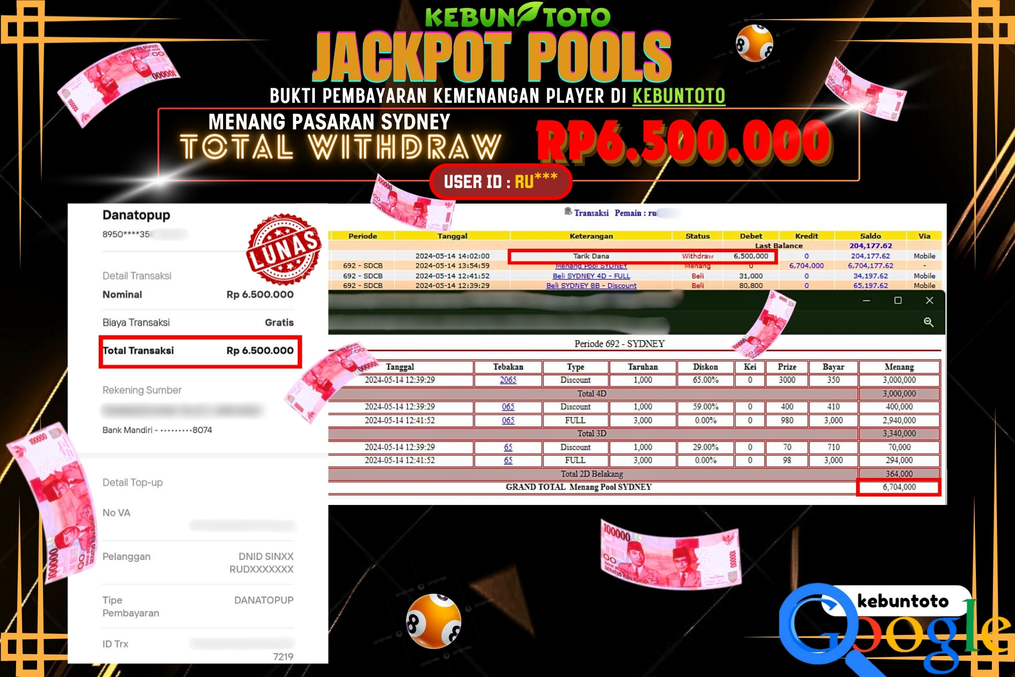 KEBUNTOTO JACKPOT TOGEL PASARAN SYDNEY Rp.6.500.000,- LUNAS