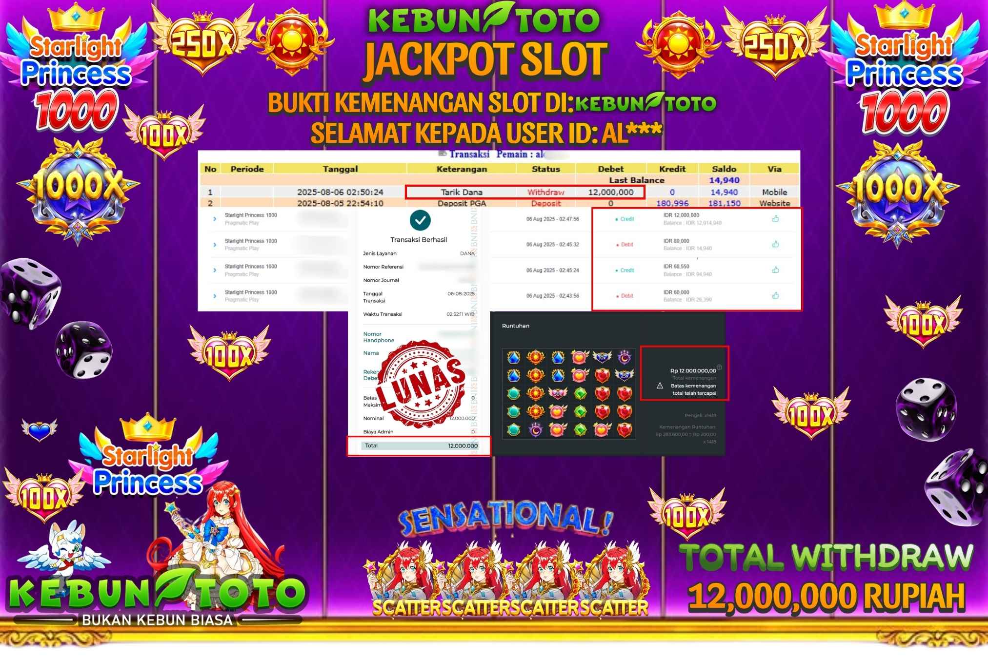 Bukti Kemenangan Rp 12.000.000 SLOT STARLIGHT PRINCESS 1000 di KEBUNTOTO!