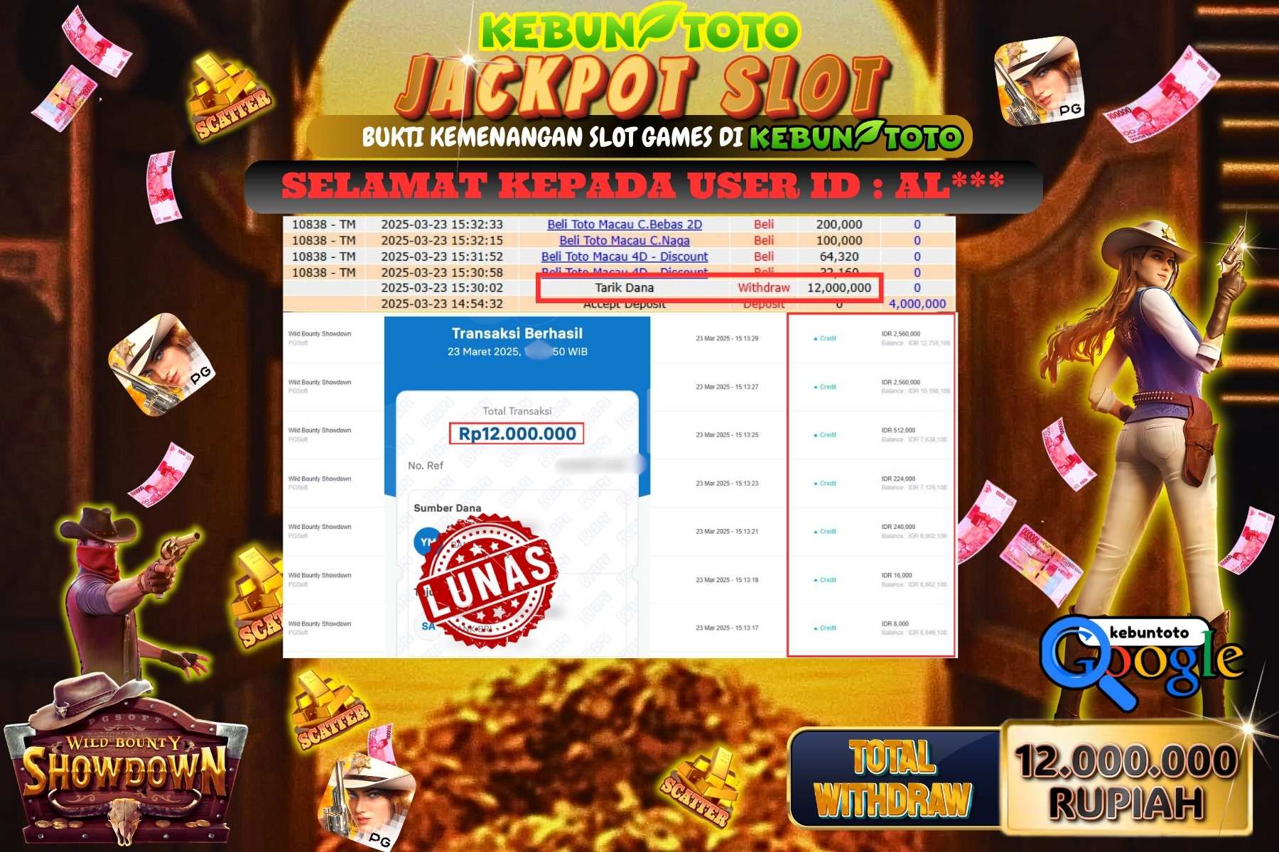 KEBUNTOTO JACKPOT, SLOT WILD BOUNTY SHOWDOWN Sebesar Rp 12.000.000,- LUNAS