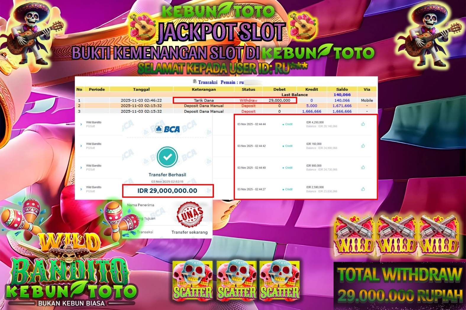 Bukti Kemenangan Rp 29.000.000 SLOT WILD BANDITO di KEBUNTOTO!