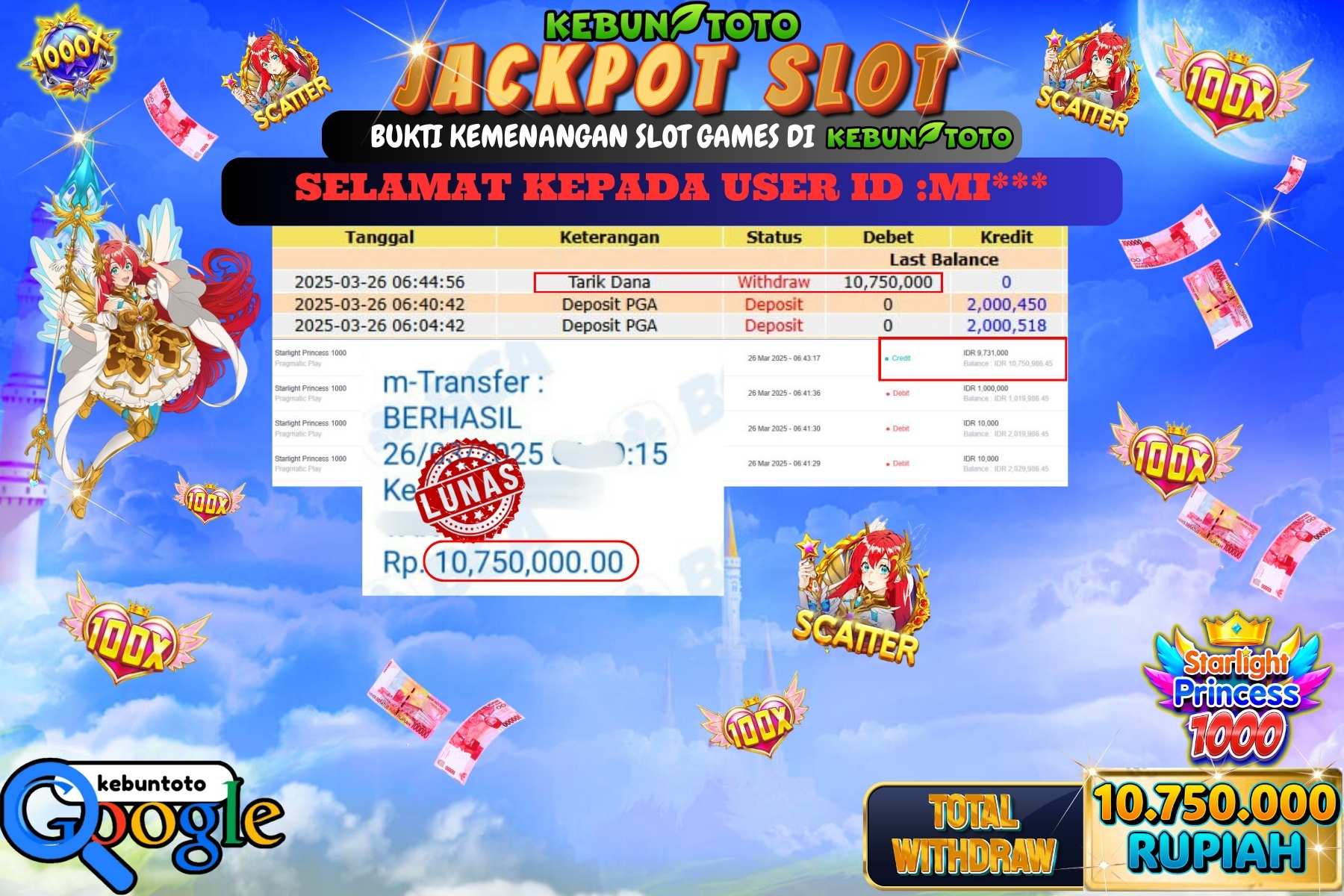 KEBUNTOTO JACKPOT, SLOT STARLIGHT PRINCESS 1000 , Sebesar Rp 10.750.000,- LUNAS