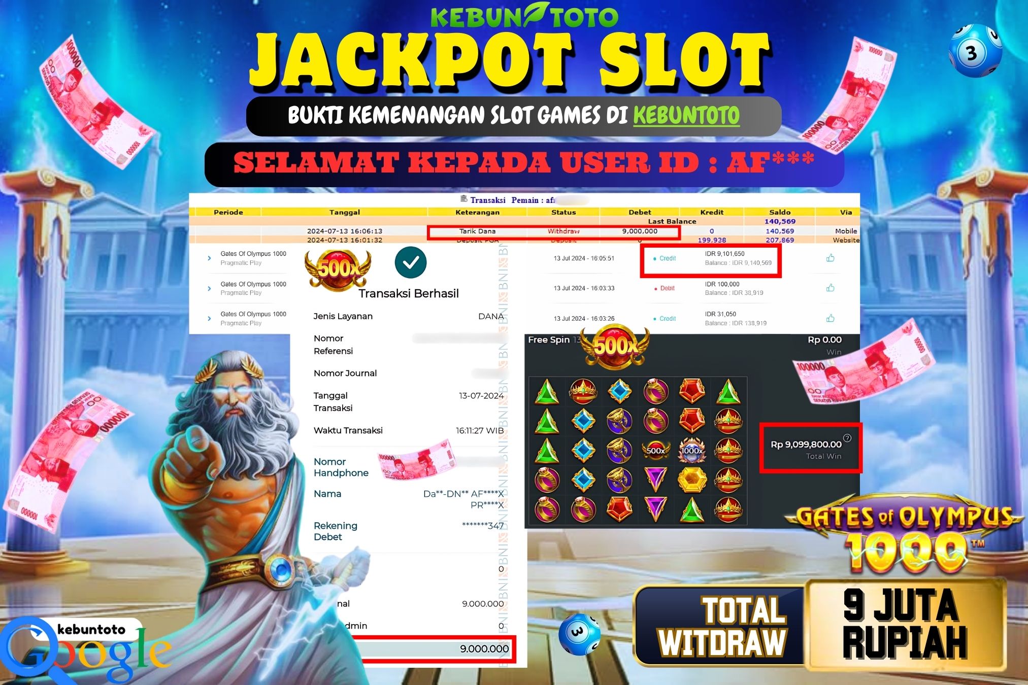 KEBUNTOTO JACKPOT SLOT GATES OF OLYMPUS 1000 Rp.9.000.000,- LUNAS